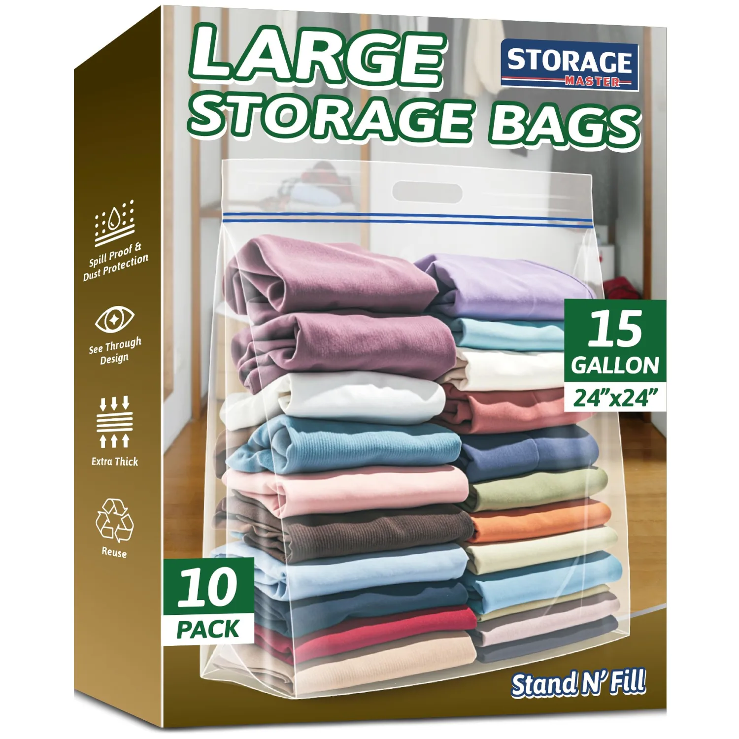 Extra Large 15 Gallon Storage Bags - 24” x 24” with Resealable Zip and Carry Handle, Ideal for Clothes, Pillows, Moving and Travel, Set of 10