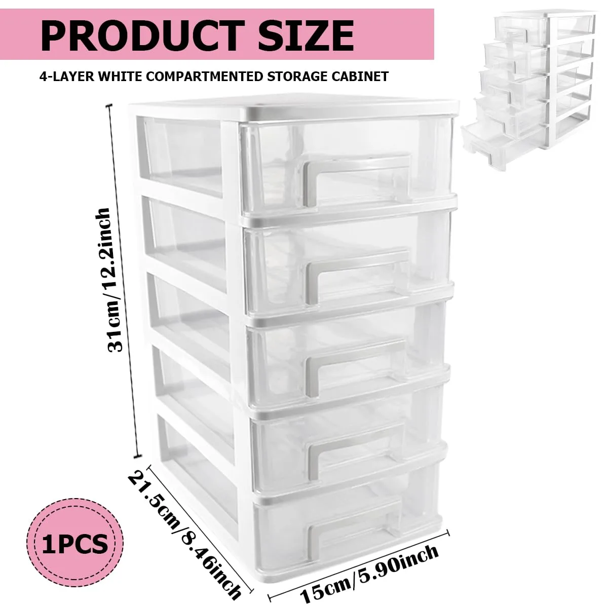 5 Tier Plastic Drawer Type Closet,Portable Storage Cabinet Sundries Storage Cosmetics Jewelry Storage Box for Home Office(White)