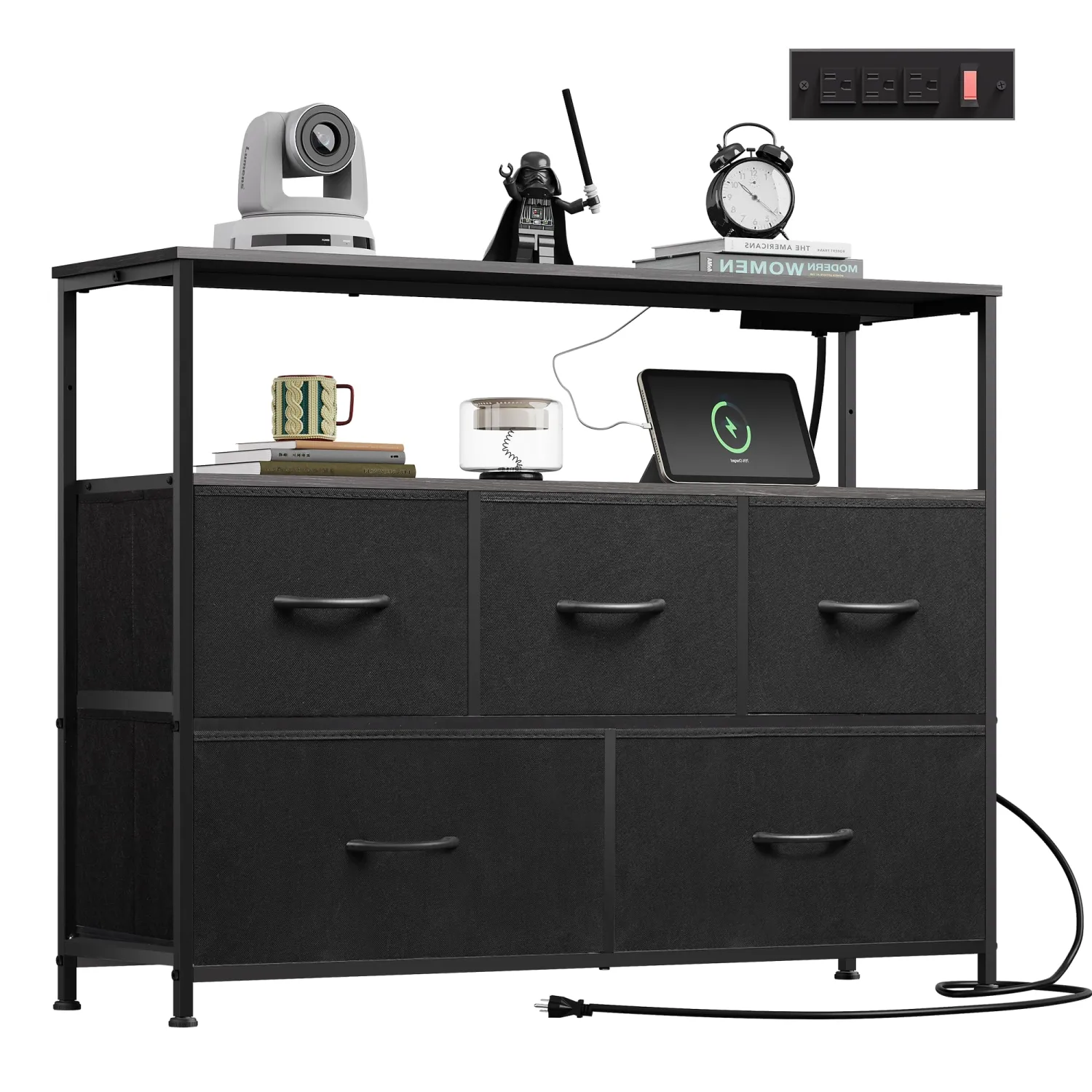 WLIVE Black Dresser for Bedroom, 5 Drawer Dressers with Charging Station, Fabric Chest of Drawers with Open Shelves, Storage Dresser for Living Room, Closet, Entryway
