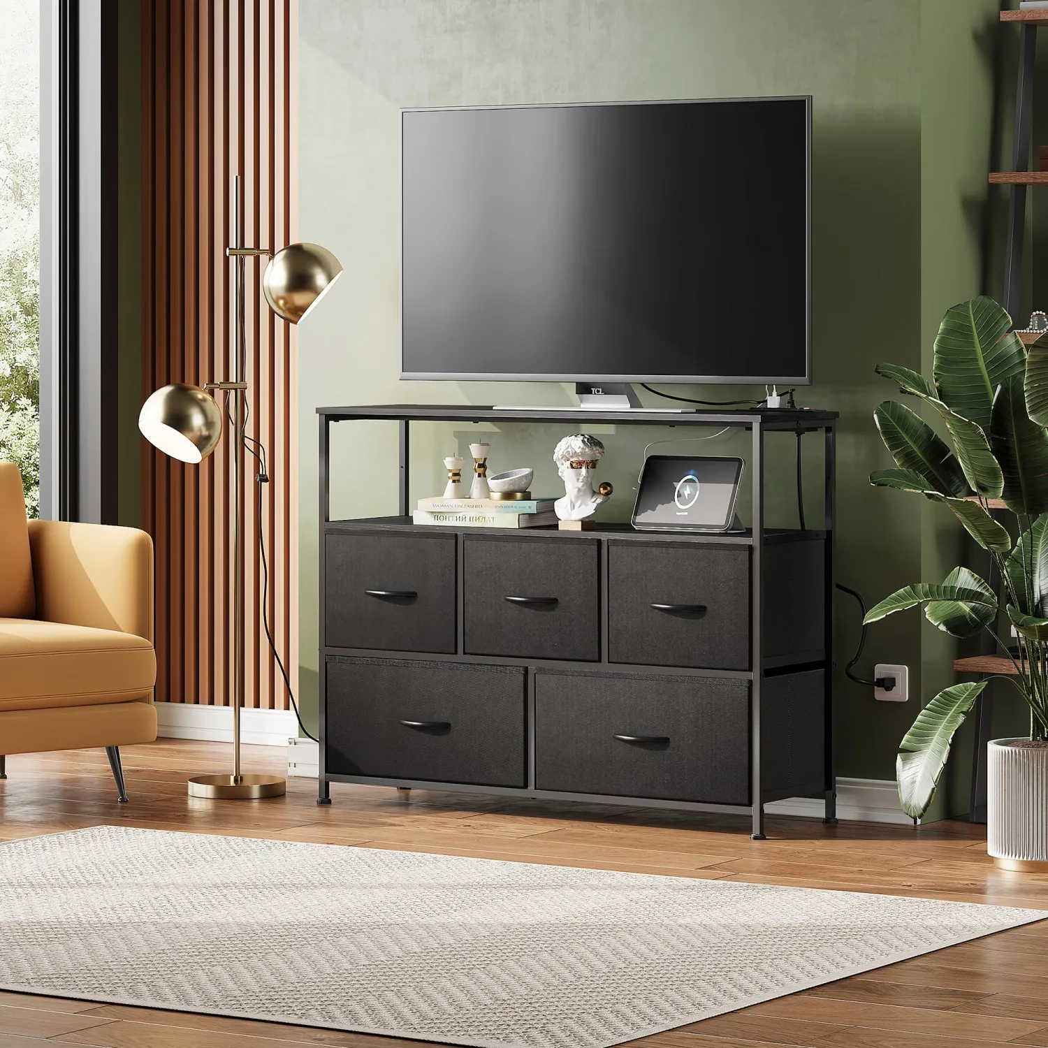 WLIVE Black Dresser for Bedroom, 5 Drawer Dressers with Charging Station, Fabric Chest of Drawers with Open Shelves, Storage Dresser for Living Room, Closet, Entryway