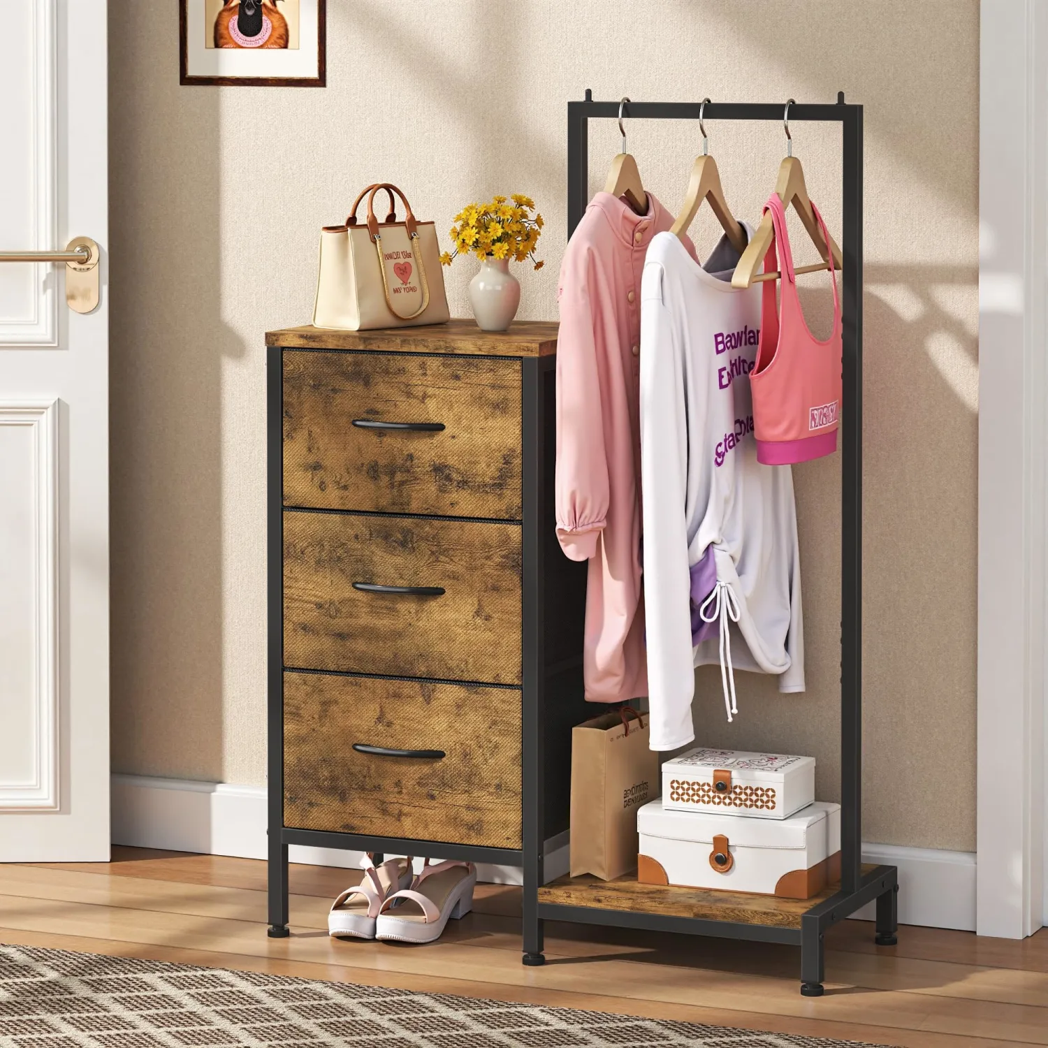 Dresser for Bedroom with Hanging Rack, 3 Drawers Dresser for Bedroom - Rustic Brown