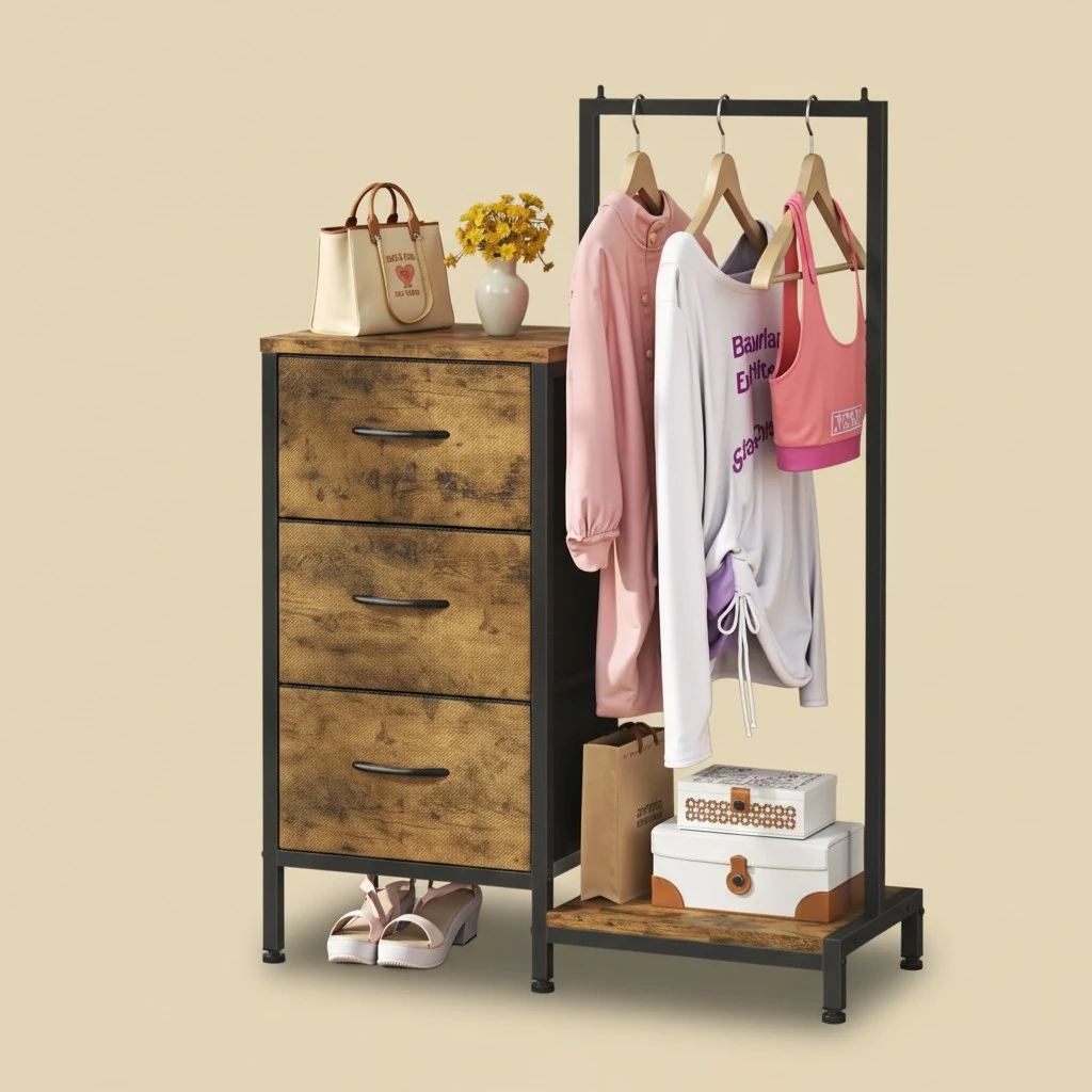 Dresser for Bedroom with Hanging Rack, 3 Drawers Dresser for Bedroom - Rustic Brown