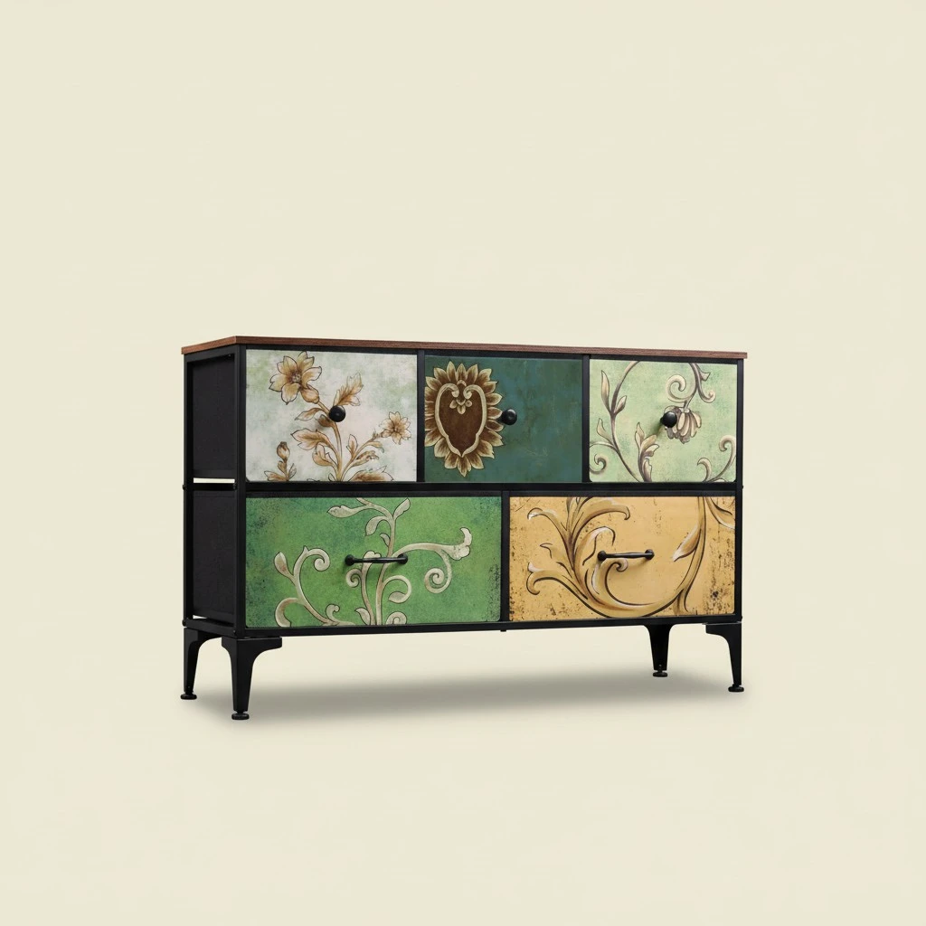 WLIVE Dresser for Bedroom with 5 Drawers, Wide Chest of Drawers, Fabric Dresser, Storage Organizer Unit with Fabric Bins for Closet, Living Room, Hallway, Floral Painted
