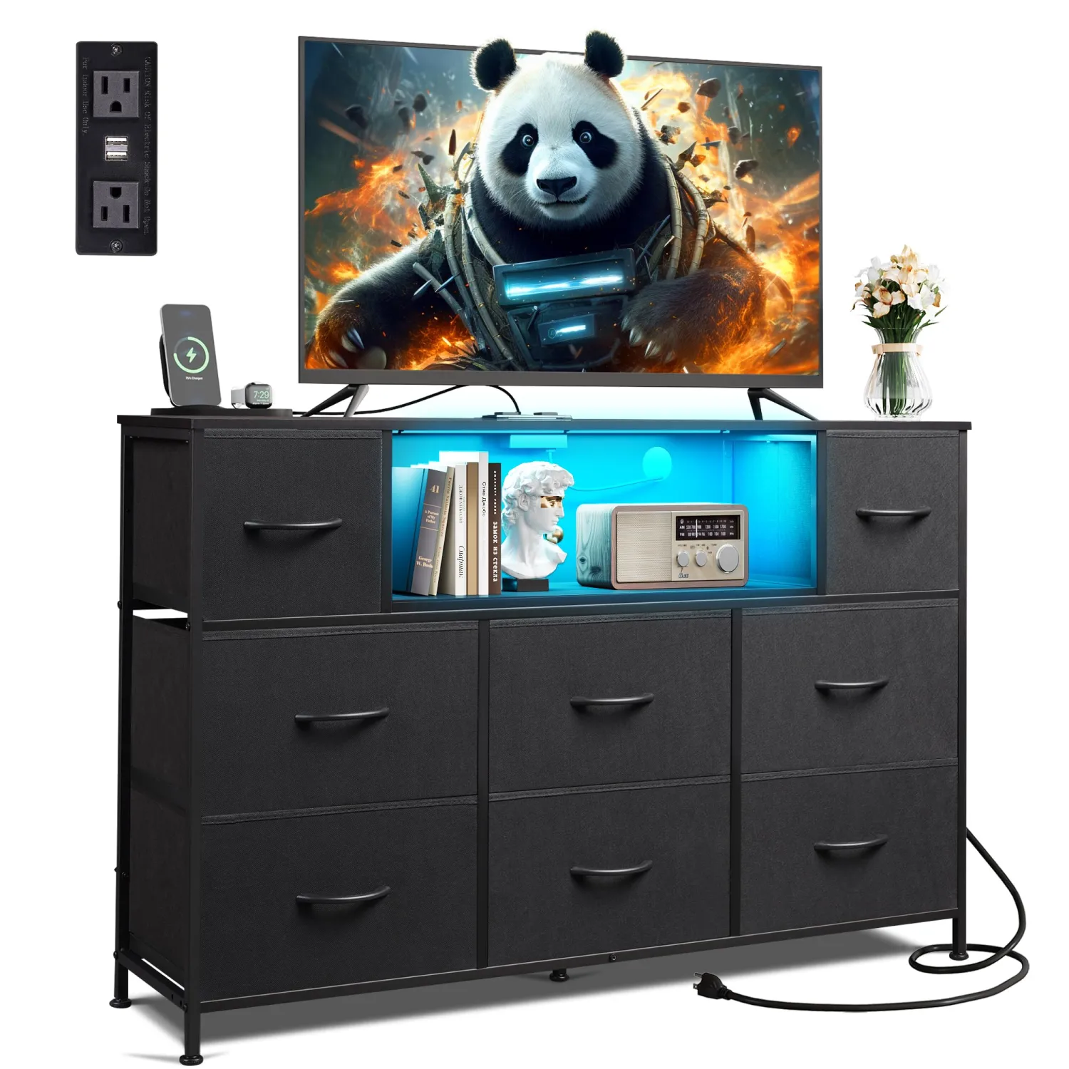 WLIVE Black TV Stand for 45, 50, 55 inch TV, Entertainment Center with LED Lights & Charging Station, TV Media Console Table with 8 Fabric Drawers and Open Shelves for Living Room, Hallway, Wood Top
