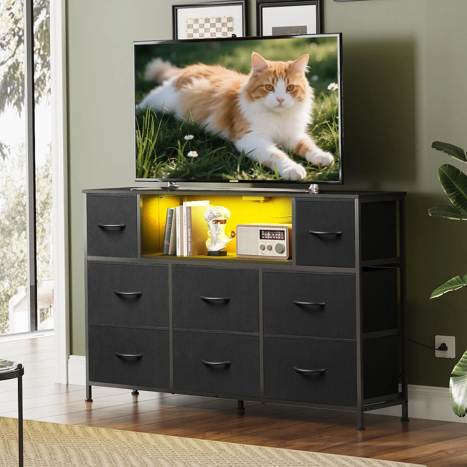 WLIVE Black TV Stand for 45, 50, 55 inch TV, Entertainment Center with LED Lights & Charging Station, TV Media Console Table with 8 Fabric Drawers and Open Shelves for Living Room, Hallway, Wood Top