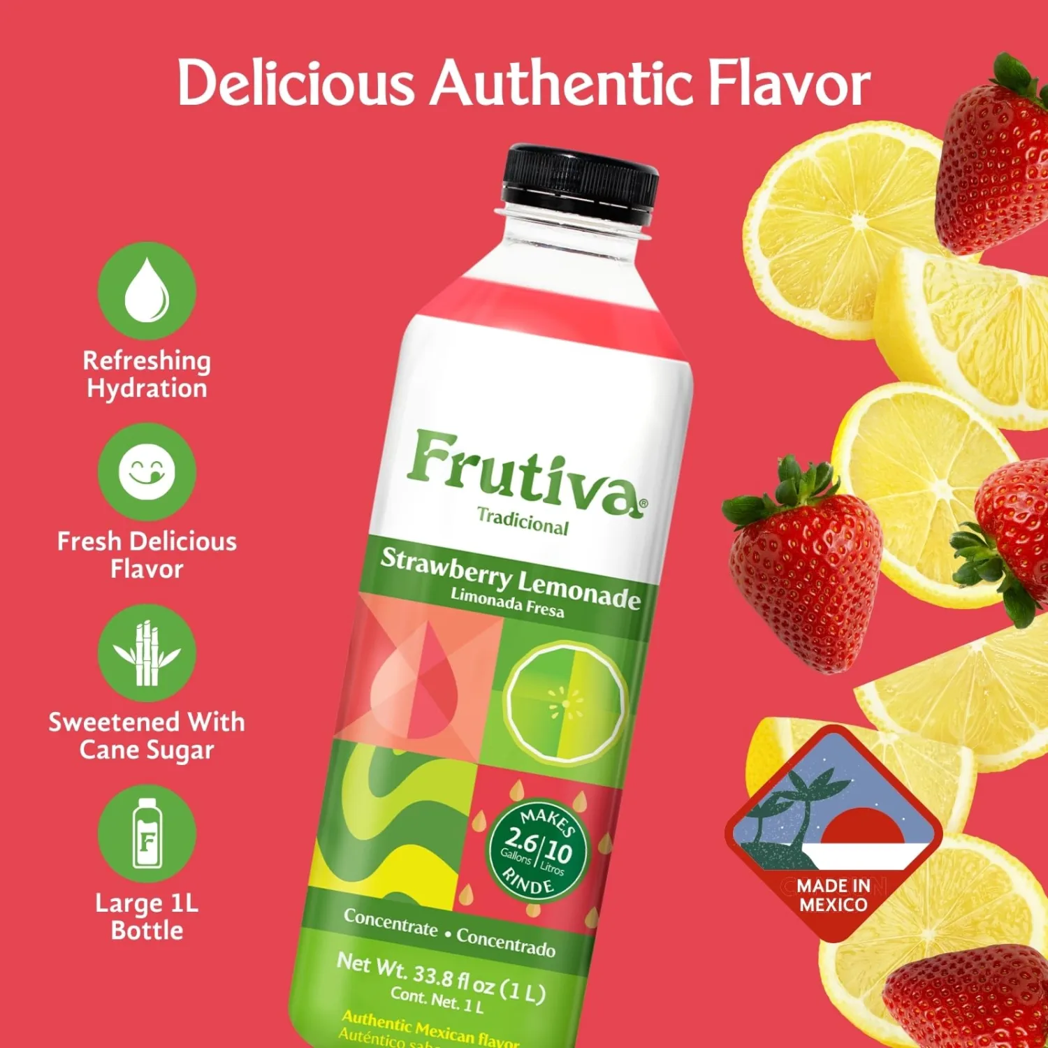 Frutiva Authentic Strawberry Lemonade Drink Mix | Made in Mexico with Cane Sugar | Aguas Frescas Concentrate Makes 2.6 Gallons | No High Fructose Corn Syrup | Perfect for Drinks, Desserts & More