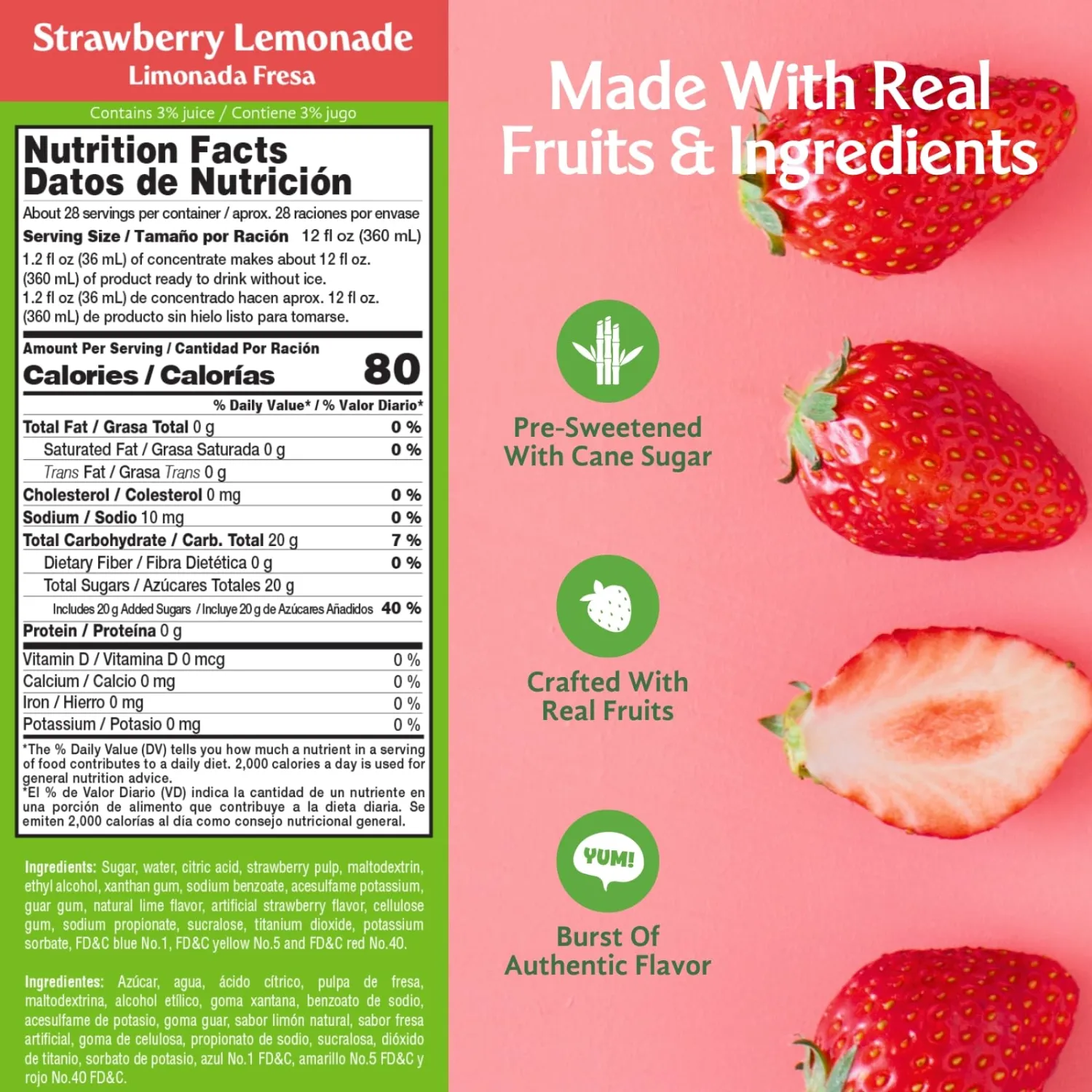 Frutiva Authentic Strawberry Lemonade Drink Mix | Made in Mexico with Cane Sugar | Aguas Frescas Concentrate Makes 2.6 Gallons | No High Fructose Corn Syrup | Perfect for Drinks, Desserts & More