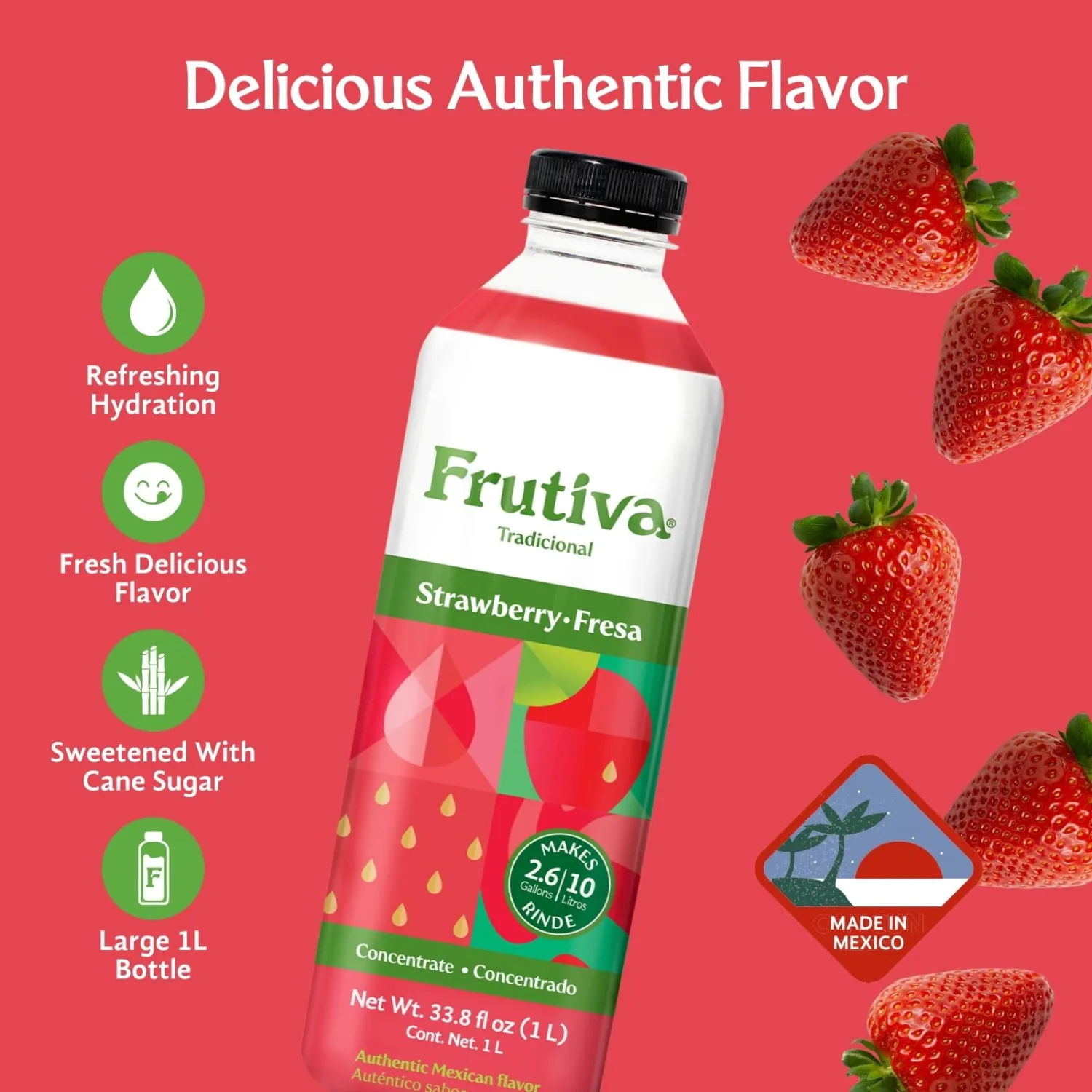 Frutiva Authentic Strawberry Drink Mix | Made in Mexico with Cane Sugar, Oats & Cinnamon | Aguas Frescas Concentrate Makes 2.6 Gallons | No High Fructose Corn Syrup | Perfect for Drinks, Desserts & More