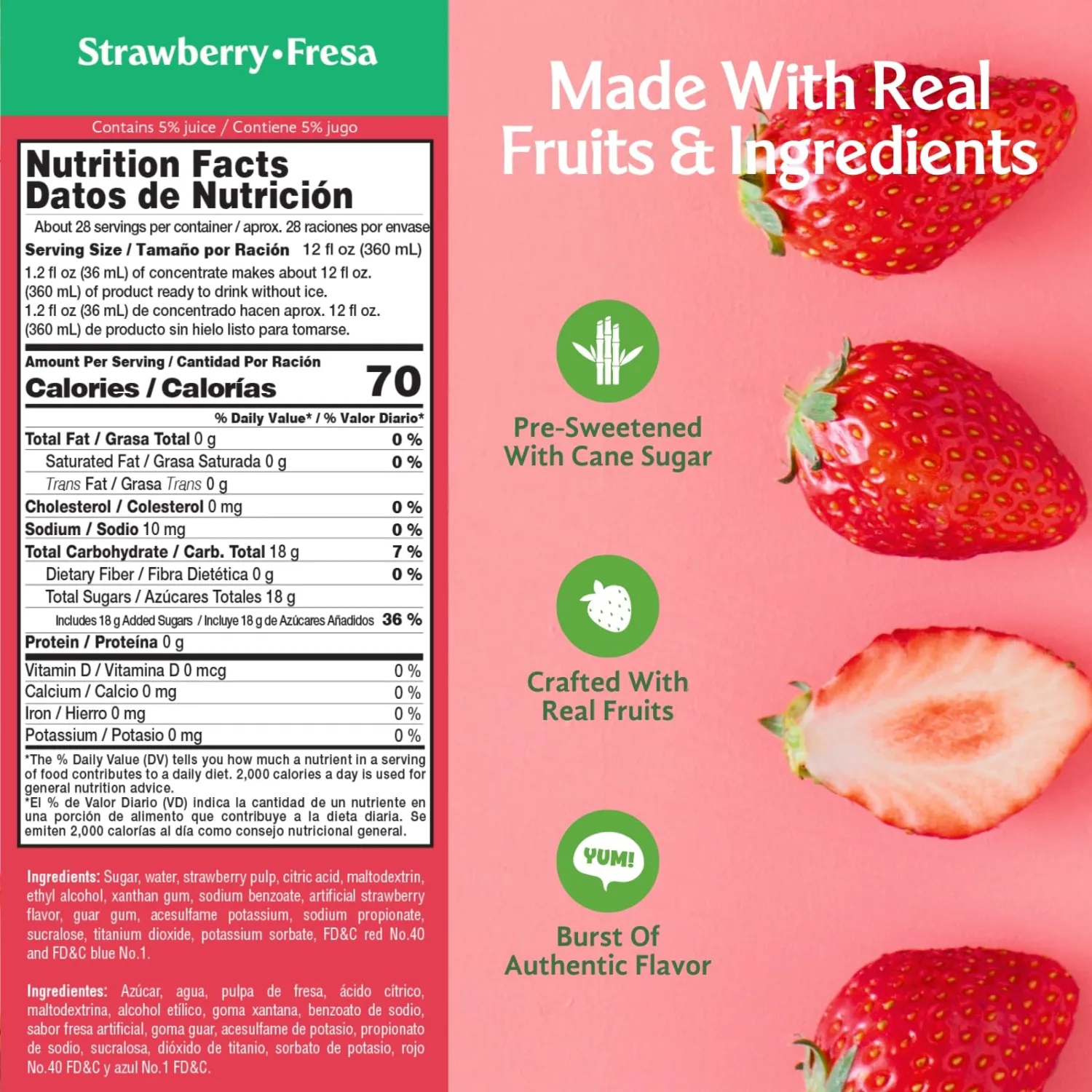Frutiva Authentic Strawberry Drink Mix | Made in Mexico with Cane Sugar, Oats & Cinnamon | Aguas Frescas Concentrate Makes 2.6 Gallons | No High Fructose Corn Syrup | Perfect for Drinks, Desserts & More