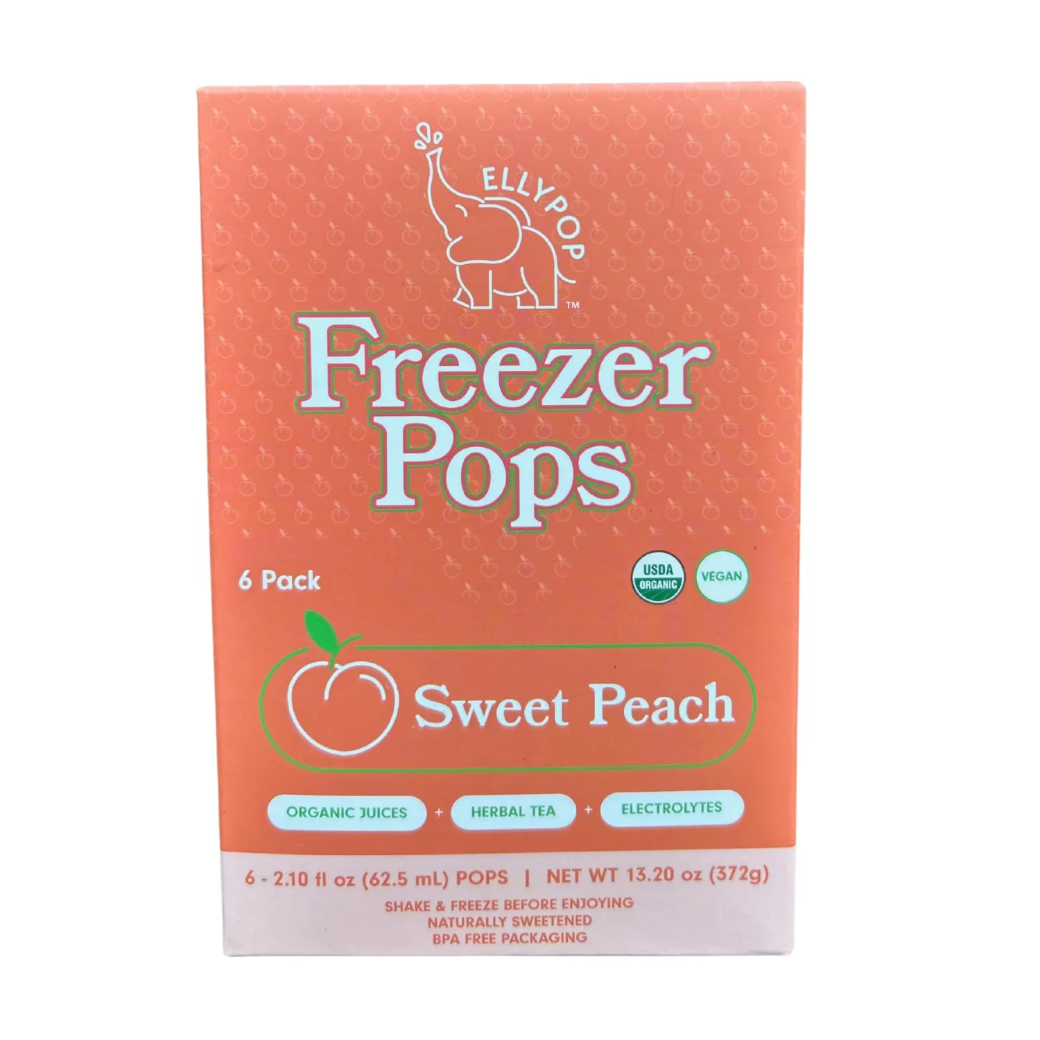 EllyPop Organic Hydrating Freezer Pops - Herbal Tea, Electrolytes, and Fruit Juice - No Refined Sugar, Dyes, or Artificial Flavors, Sweet Peach, 6 Pack