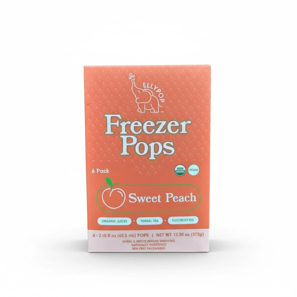 EllyPop Organic Hydrating Freezer Pops - Herbal Tea, Electrolytes, and Fruit Juice - No Refined Sugar, Dyes, or Artificial Flavors, Sweet Peach, 6 Pack