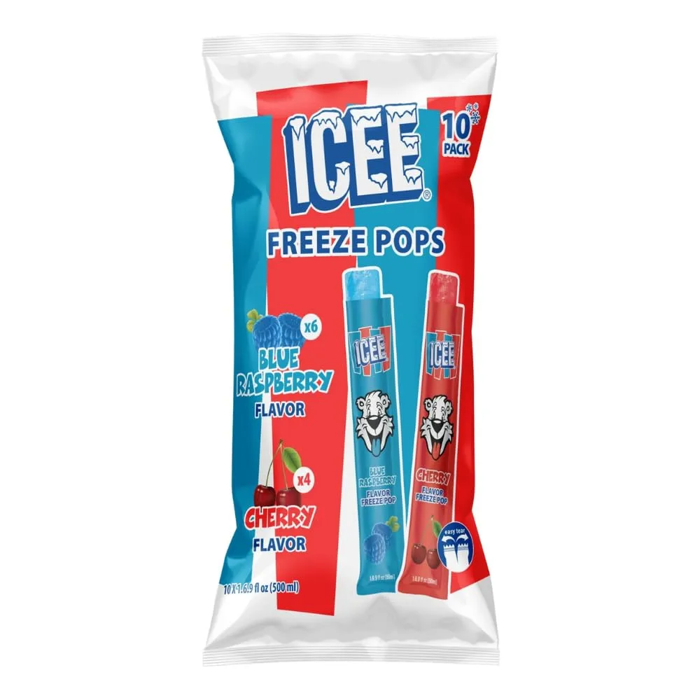 ICEE Freeze Pops – Blue Raspberry & Cherry Variety, 10 Pack | Vegan, Freeze-at-Home Ice Pops | Classic ICEE Flavors | Fun Snack for Kids & Adults