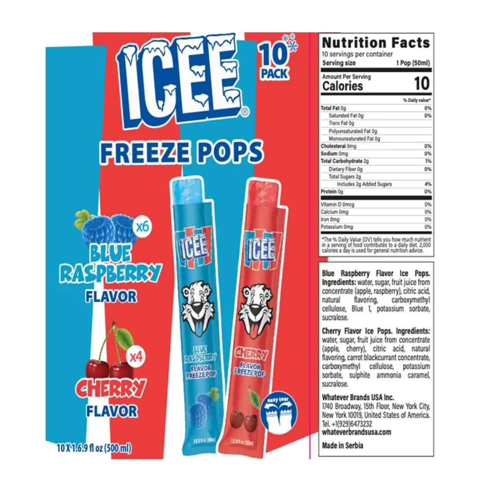 ICEE Freeze Pops – Blue Raspberry & Cherry Variety, 10 Pack | Vegan, Freeze-at-Home Ice Pops | Classic ICEE Flavors | Fun Snack for Kids & Adults