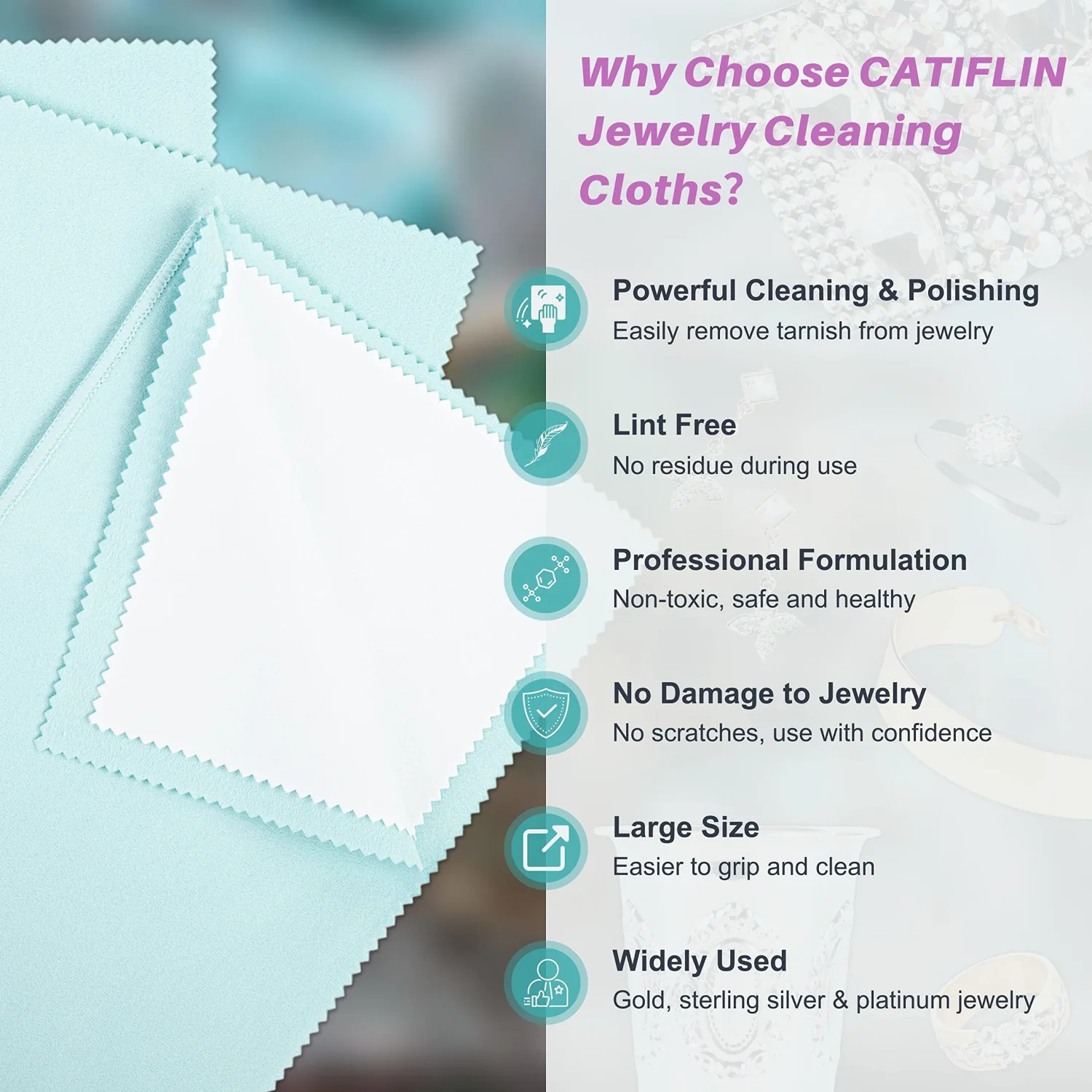 CATIFLIN 3PCS Sea Blue Silver Polishing Cloths, 10"x12" Jewelry Cleaning Cloths for Gold, Silver, Platinum, Watch, Coin, Tarnish Remover, Reusable & Streak for Jewelry Lovers