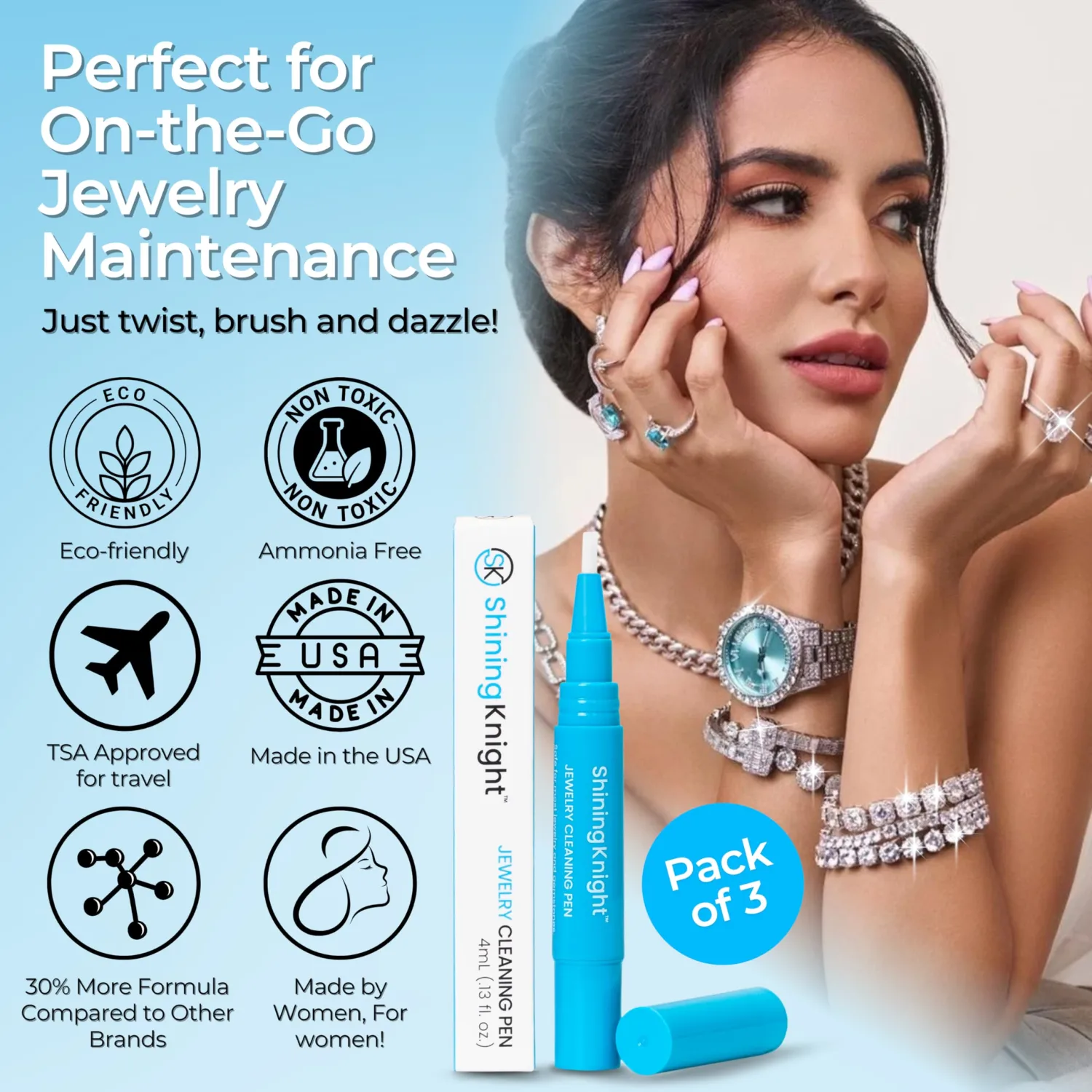 Jewelry Cleaning Pen Portable Diamond and Gemstone Cleaner for Rings and Other Jewelry On-The-Go Ring Cleaner Pen Made in The USA (3 Pack)