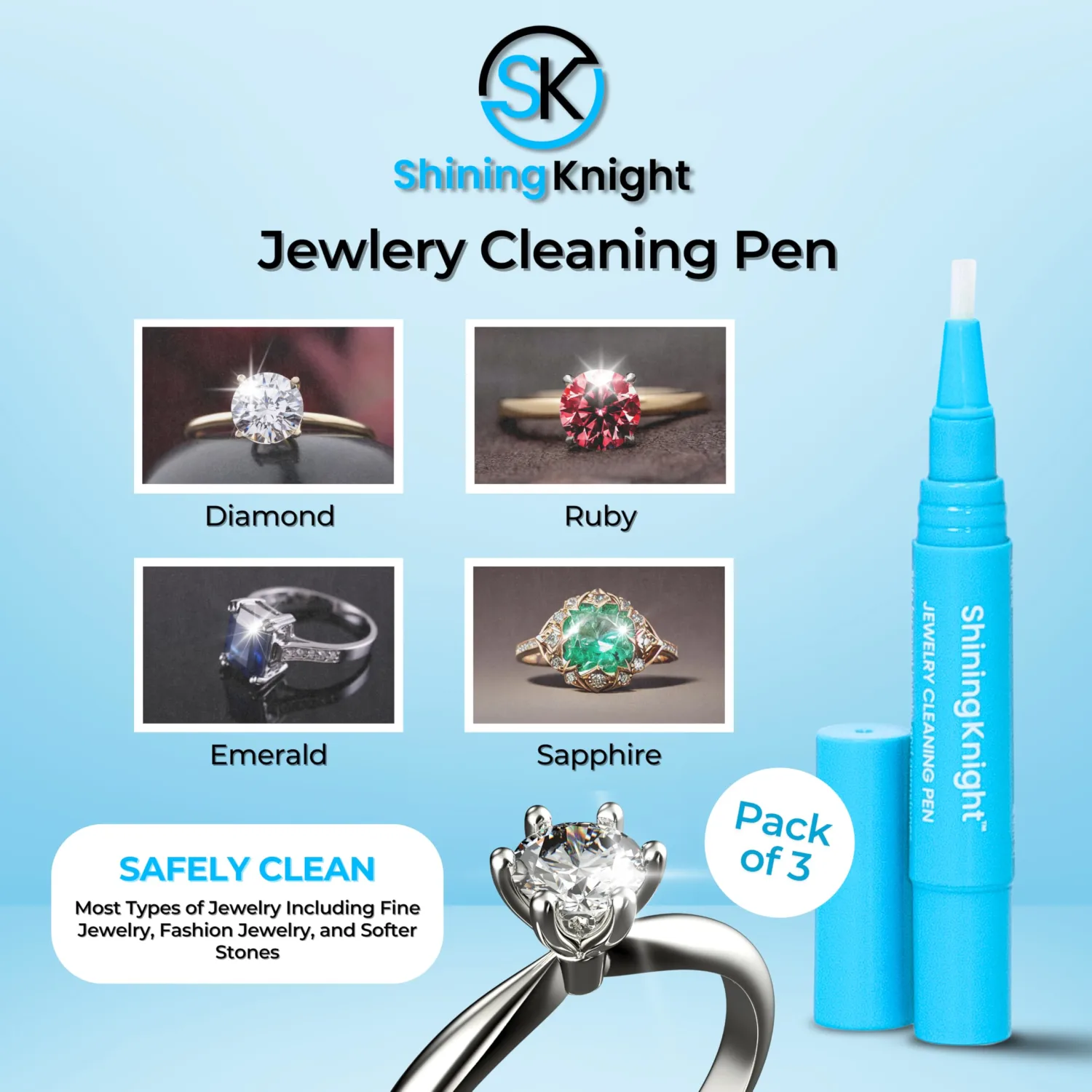 Jewelry Cleaning Pen Portable Diamond and Gemstone Cleaner for Rings and Other Jewelry On-The-Go Ring Cleaner Pen Made in The USA (3 Pack)