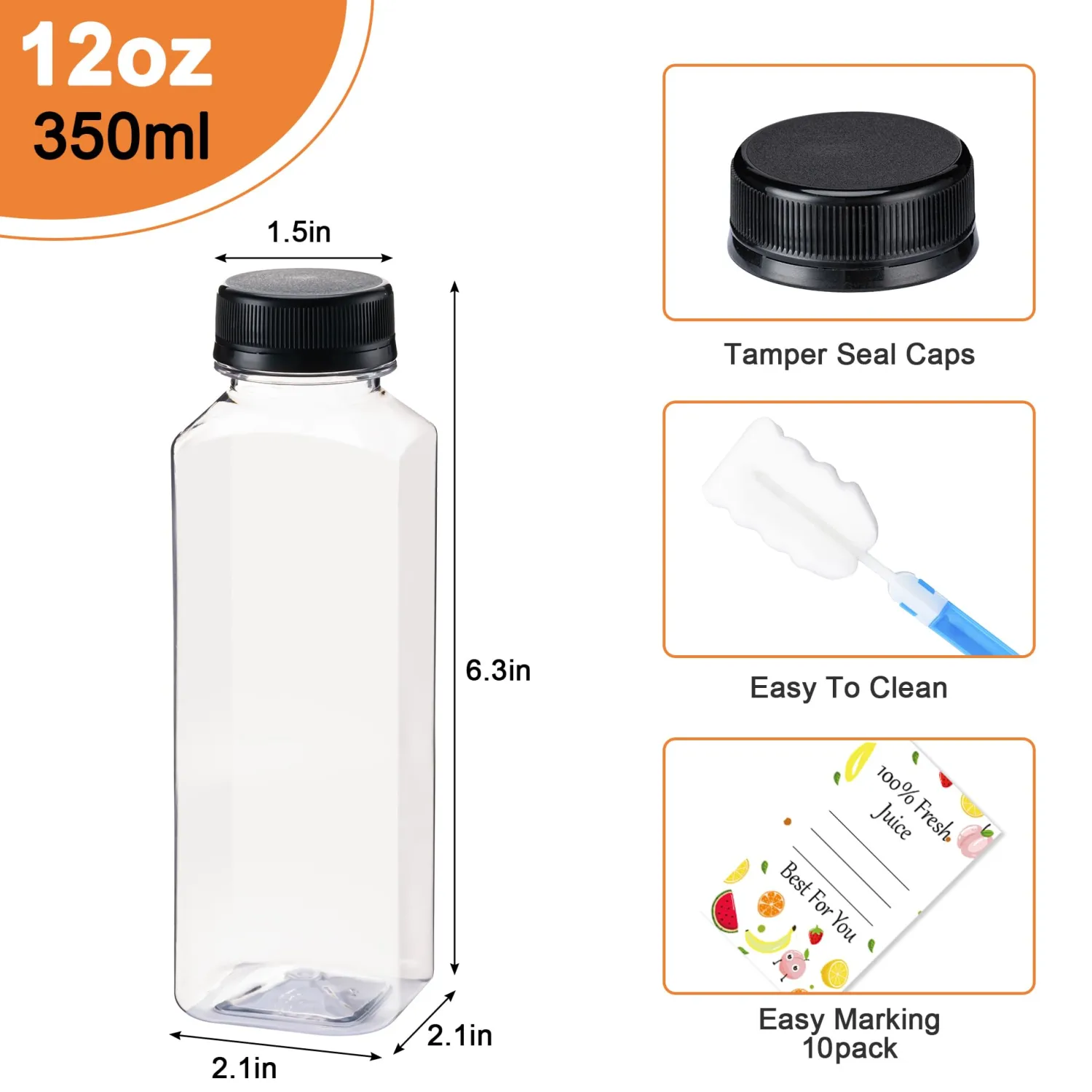 BOOMIBOO Juice Bottles with Caps 10Pcs 12oz, Plastic Bottleswith Caps, Clear Reusable Water Bottle, Used for Juicing Bottles, Smoothie Bottle, Juice Containers - with 10Pcs Labels & Bottle Brush