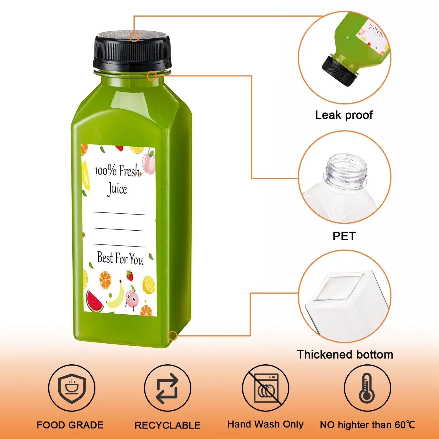 BOOMIBOO Juice Bottles with Caps 10Pcs 12oz, Plastic Bottleswith Caps, Clear Reusable Water Bottle, Used for Juicing Bottles, Smoothie Bottle, Juice Containers - with 10Pcs Labels & Bottle Brush
