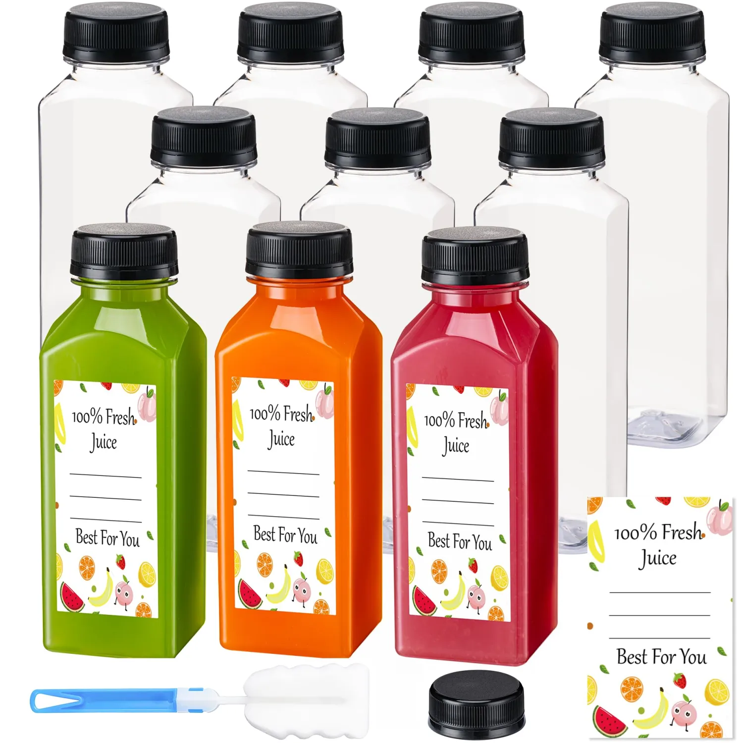 BOOMIBOO Juice Bottles with Caps 10Pcs 12oz, Plastic Bottleswith Caps, Clear Reusable Water Bottle, Used for Juicing Bottles, Smoothie Bottle, Juice Containers - with 10Pcs Labels & Bottle Brush