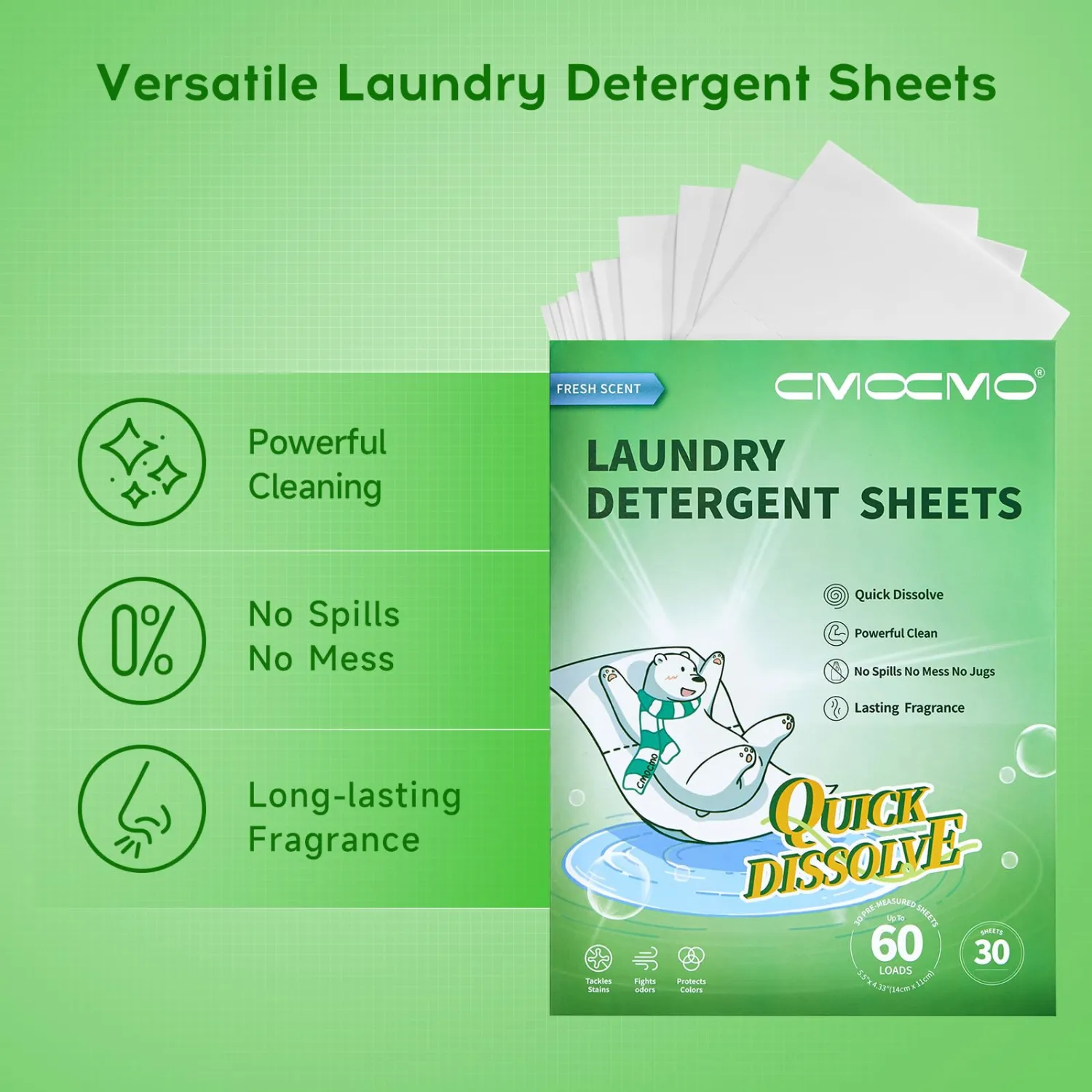 Laundry Detergent Sheets, Ultra Concentrated Rapid-Dissolve Laundry Soap Sheets, Zero Residue, Plant-Based Stain Remover Plastic-Free Laundry Strips, Fresh Scent, 30 Count (Pack of 1)
