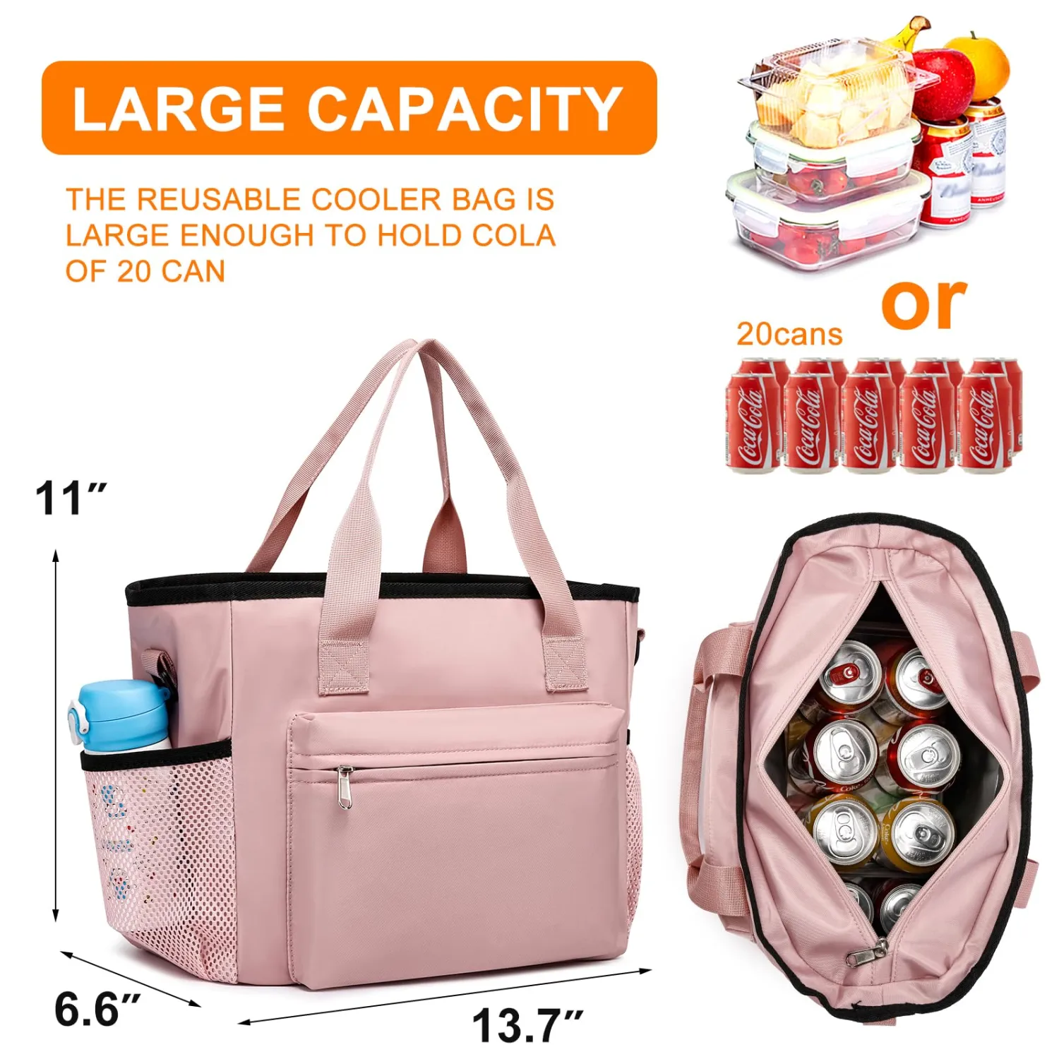 Insulated Lunch Box for Women Men Adults,Adjustable Shoulder Strap Reusable Lunch Bag for Office Work Picnic Camping Beach Outdoor Large Lunch Bag-Pink