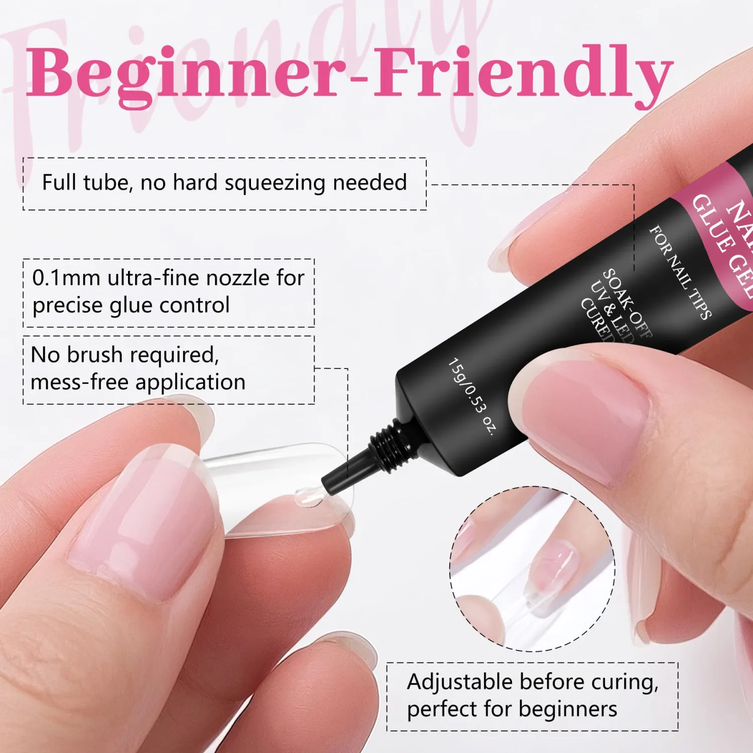 Nail Tips Gel Glue 15g - Lamp Curing Solid Nail Glue for False Acrylic Nails, Crystal Clear Long Lasting 28 Days No Yellowing Salon Quality DIY Home Beginner-Friendly