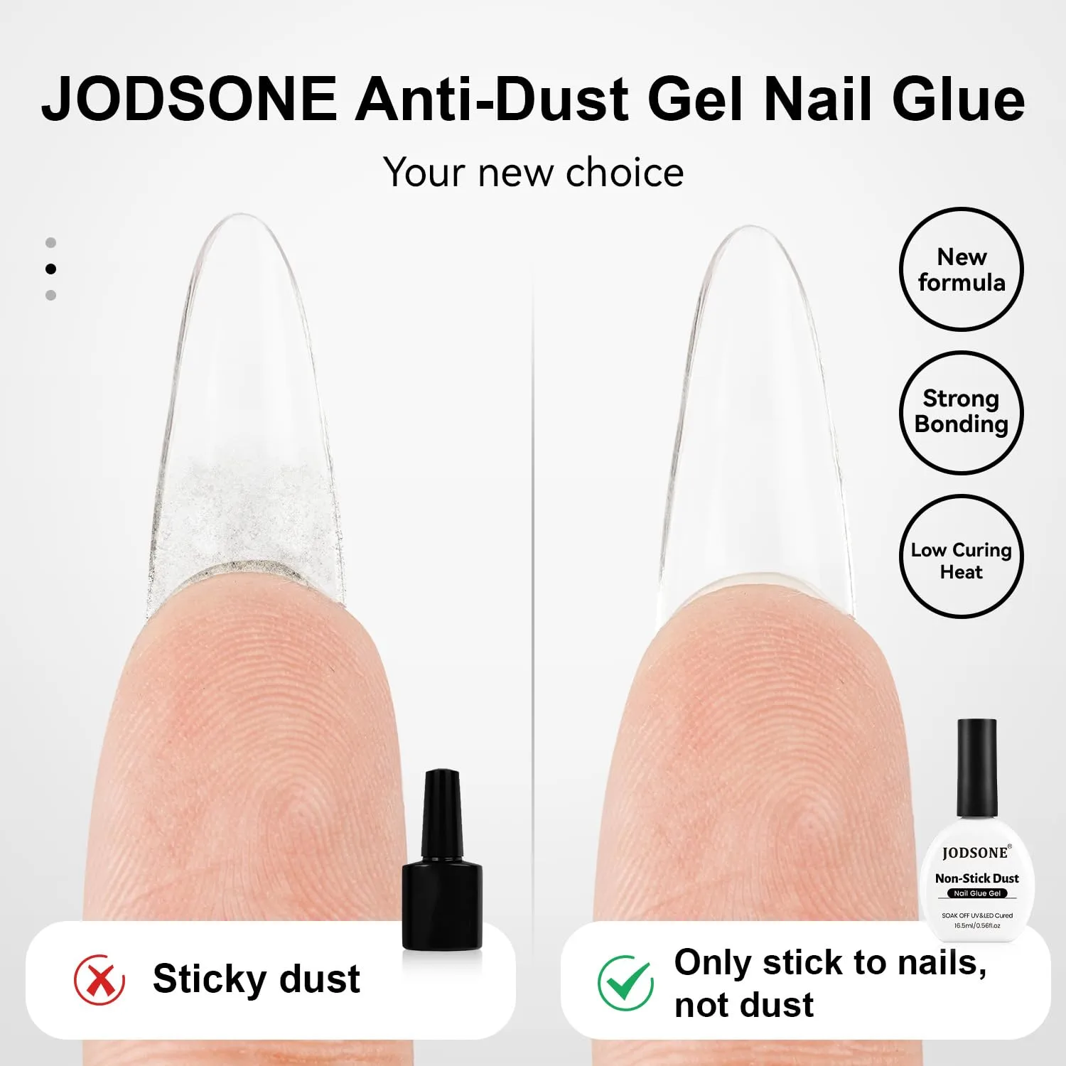 JODSONE Gel Nail Glue - 16.5ml Anti-Dust & Super Strong Nail Glue for False Nails Tips,Low Heat,No Bubbles,Curing Smooth & Long Lasting,Curing Needed U V Light