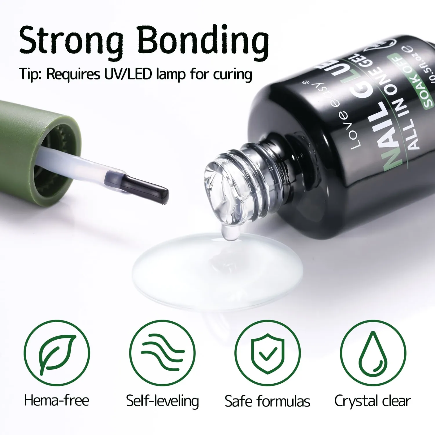 Nail Glue Gel for Press ons with Brush on, 6-in-1 Soft Professional Strong Adhesive for Gem Acrylic Tip Art Rhinestones Beads Stickers, Long Lasting Bond (U V Lamp Needed)