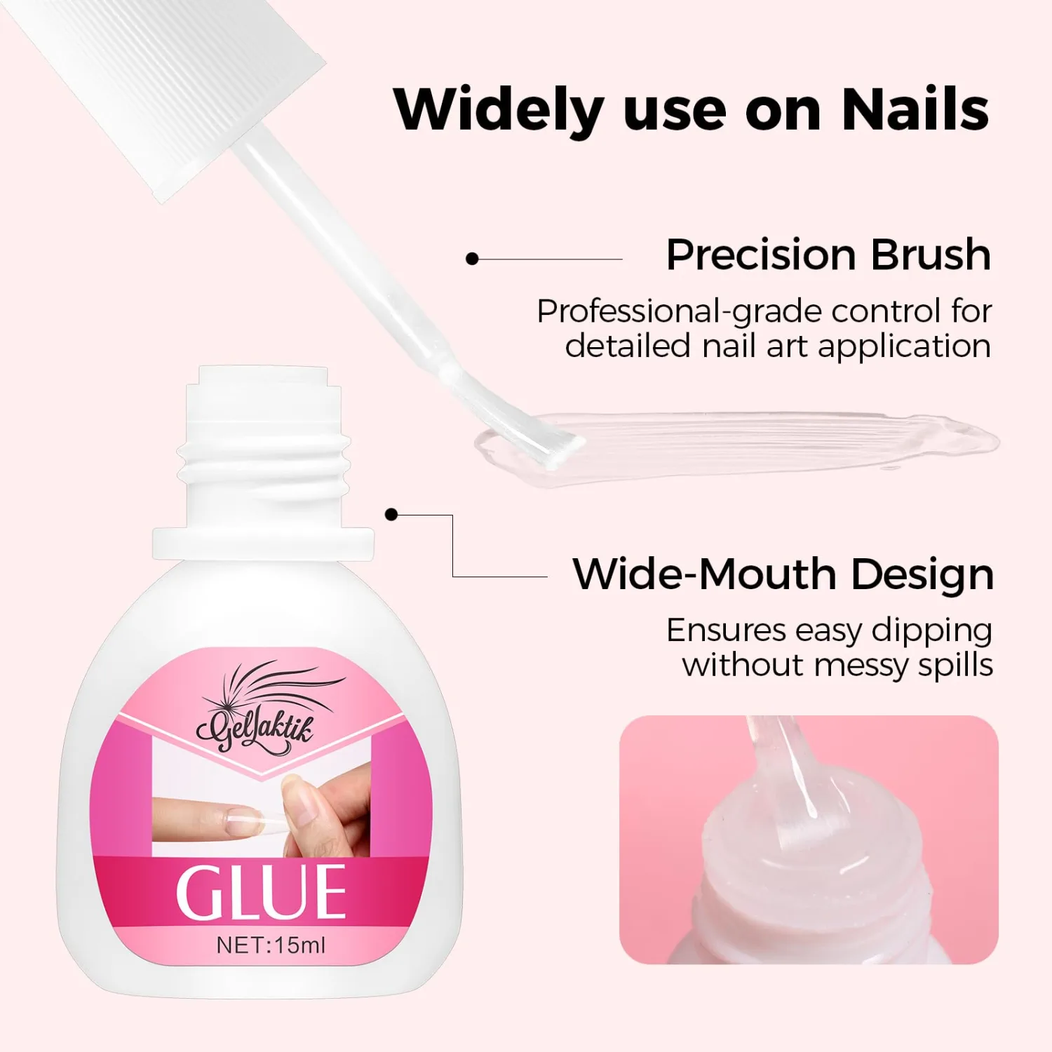 Super Strong Nail Glue for Press On Nails, 2PCS X 15ml Brush On Nail Glue for Acrylic Nails, Fake Nails & Nail Tips, Durable & Long-Lasting, Easy Application, Mess-Free & Travel-Friendly