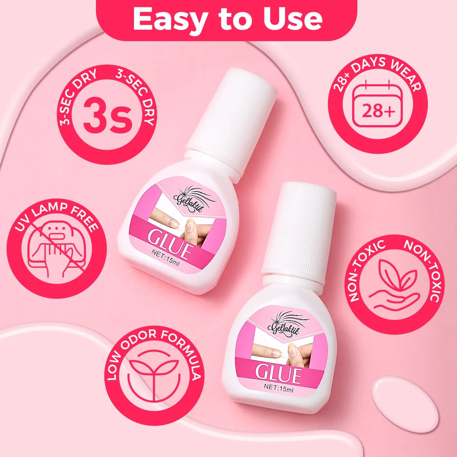 Super Strong Nail Glue for Press On Nails, 2PCS X 15ml Brush On Nail Glue for Acrylic Nails, Fake Nails & Nail Tips, Durable & Long-Lasting, Easy Application, Mess-Free & Travel-Friendly
