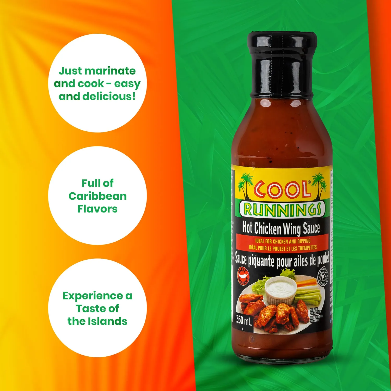 Cool Runnings USA Hot Chicken Wing Sauce, 350 ml - Spicy Flavorful Hot Sauce for Coating, Dipping, and Tossing Chicken Wings, Perfect for Game Night and BBQs