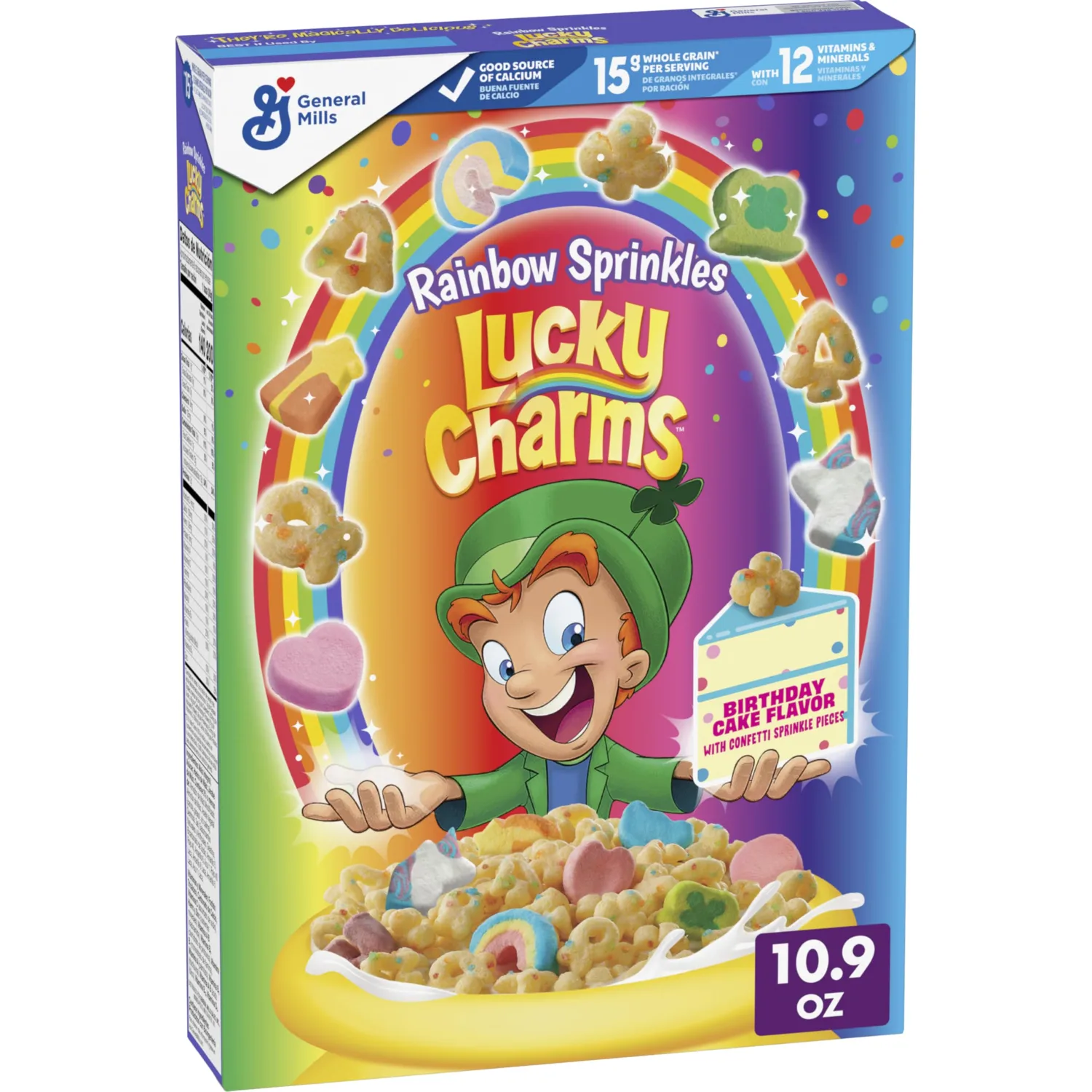Lucky Charms Rainbow Sprinkles Cereal with Marshmallows, Birthday Cake Flavor, Kids Breakfast Cereal Made with Whole Grain, 10.9 oz
