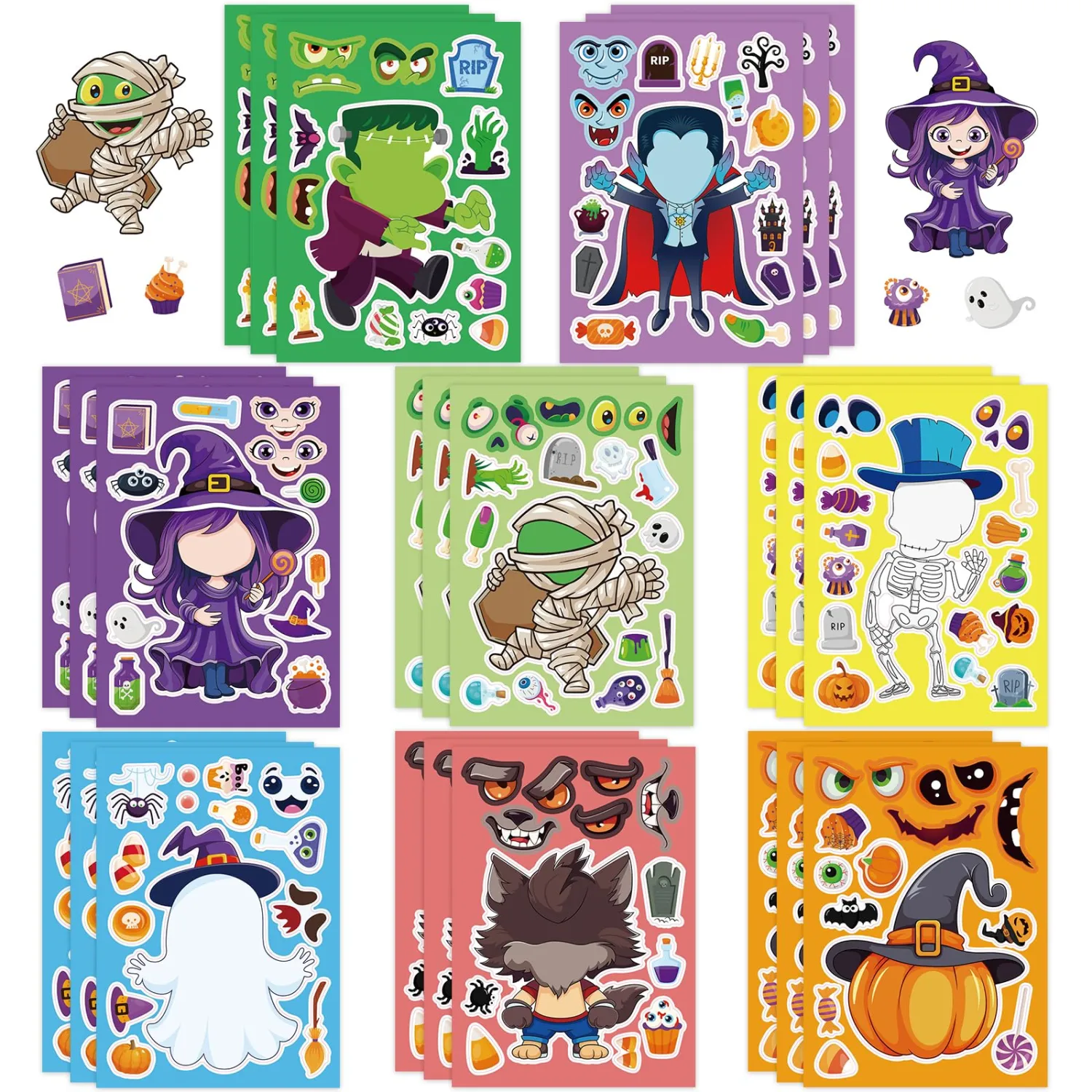 24 Sheets Make Your Own Halloween Stickers, Funny Halloween Make a Face Stickers DIY Witch Mummy Vampire Mix and Match Sticker for Trick or Treat Crafts Activities Party Favors Supplies