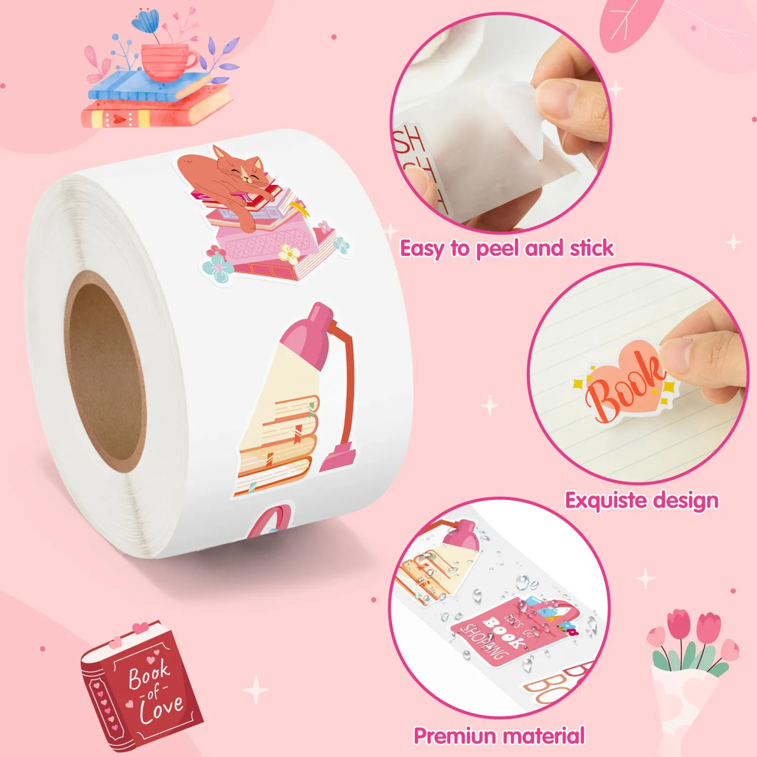 BeYumi Pink Bookish Sticker Roll - 1000Pcs Pink Bookish Stickers in 2 Rolls Waterproof Reading Book Aesthetic Kindle Decals Gift Laptop Bottle Scrapbook Luggage Envelope Decor for Kids Girl Book Lover