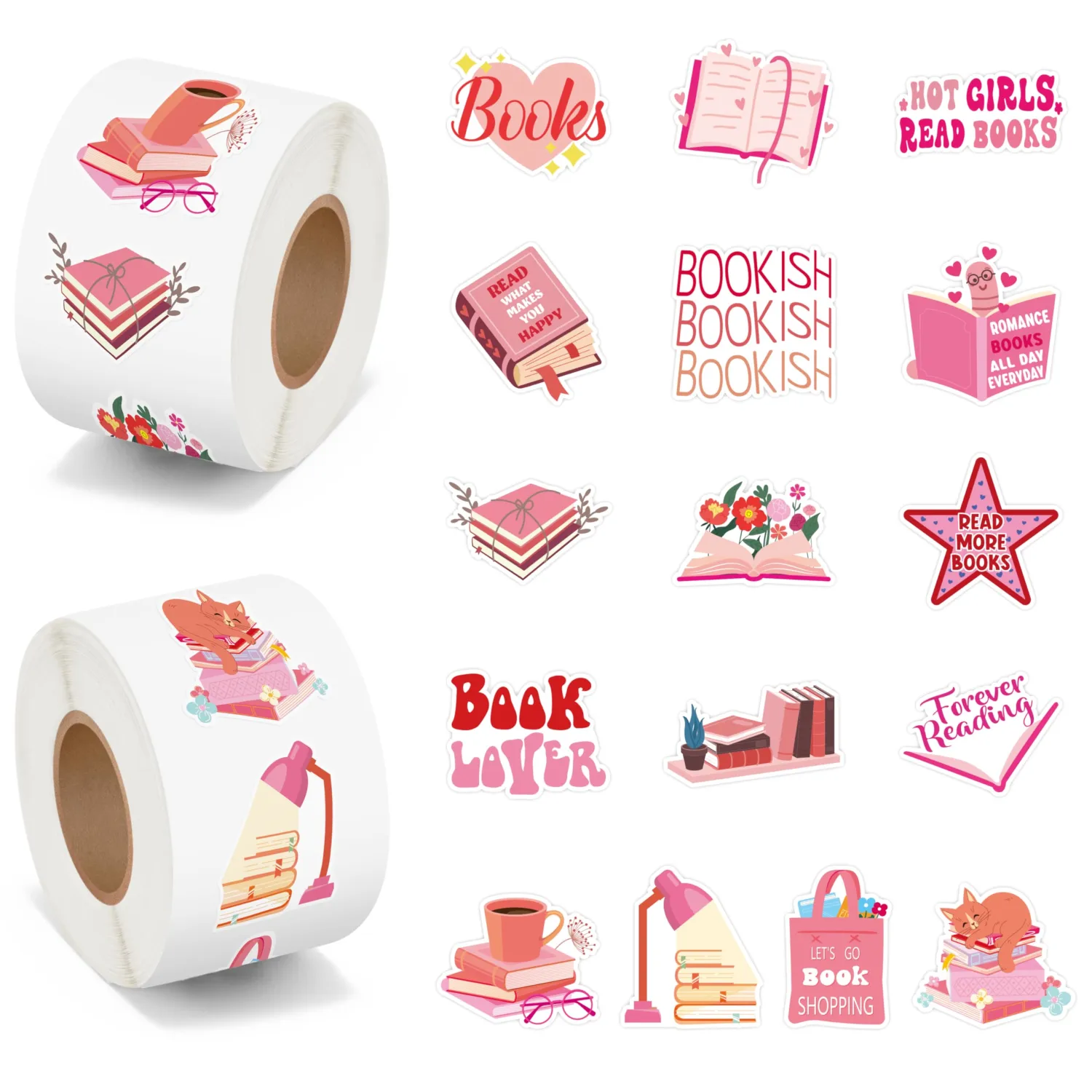 BeYumi Pink Bookish Sticker Roll - 1000Pcs Pink Bookish Stickers in 2 Rolls Waterproof Reading Book Aesthetic Kindle Decals Gift Laptop Bottle Scrapbook Luggage Envelope Decor for Kids Girl Book Lover