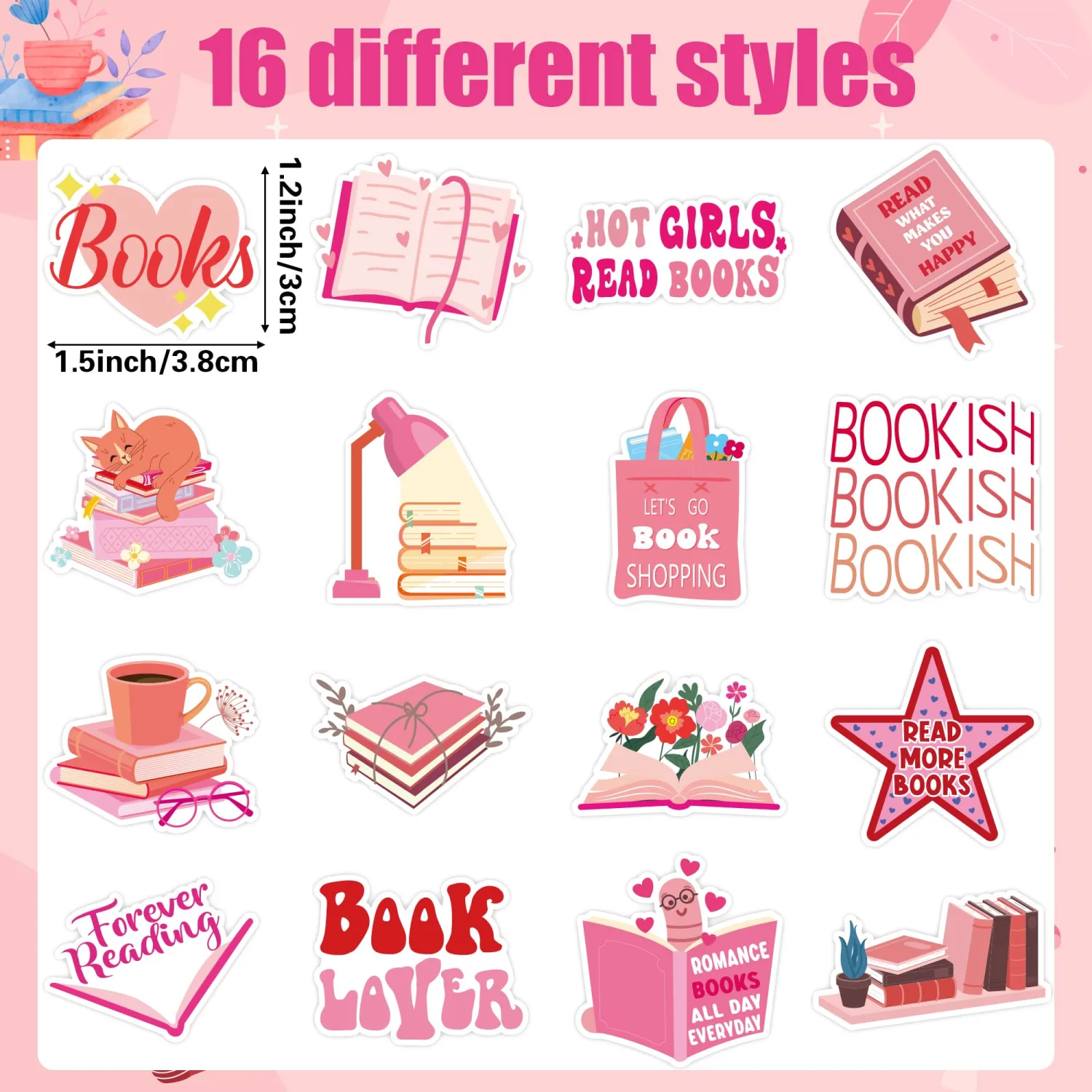 BeYumi Pink Bookish Sticker Roll - 1000Pcs Pink Bookish Stickers in 2 Rolls Waterproof Reading Book Aesthetic Kindle Decals Gift Laptop Bottle Scrapbook Luggage Envelope Decor for Kids Girl Book Lover