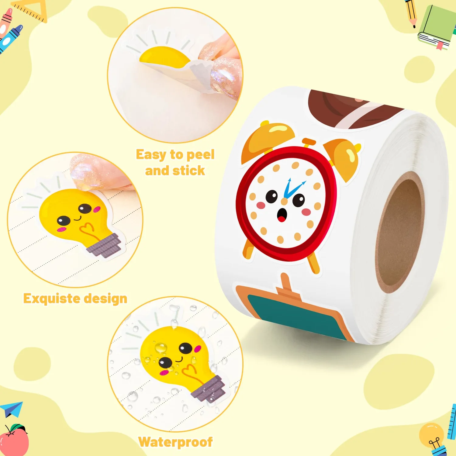 BeYumi Back to School Sticker - 1000Pcs Back to School Stickers in 2 Rolls Cute Cartoon Waterproof Vinyl Decal for Kid Preschool Kindergarten First Day of School Gift Bottle Luggage Bag Envelope Decor