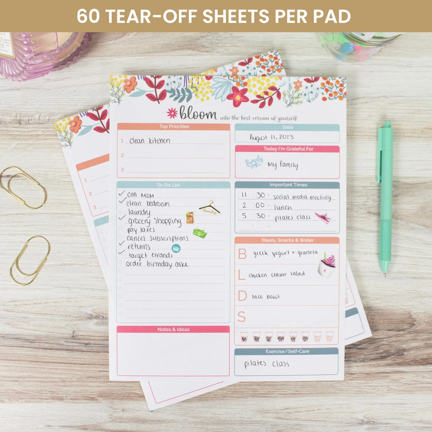bloom daily planners Family Daily Planning System Tear Off to Do Pad - Undated Planning Sheets - 8.5" x 11" - Floral Dots