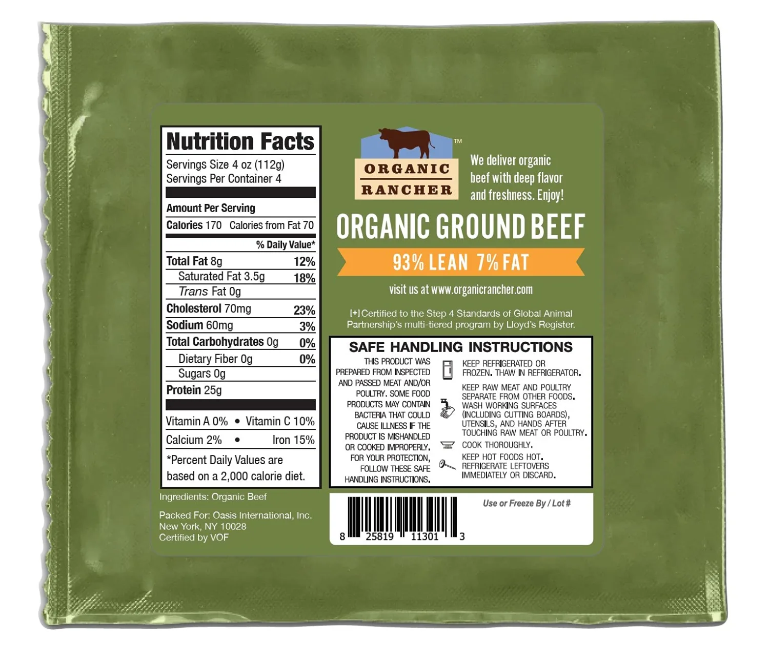 Organic Rancher Organic Ground Beef 93% Lean/7% Fat, 16 OZ