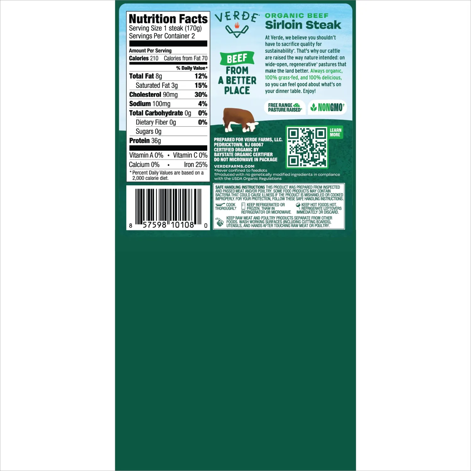 Verde Farms, Beef Sirloin Steaks, Organic, Grass-Fed | 0.75 lbs |Pack of 2
