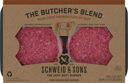 Schweid and Sons, Butcher's Blend, Beef Burgers, 80% Lean/20% Fat, 1.325 lb, Pack of 4