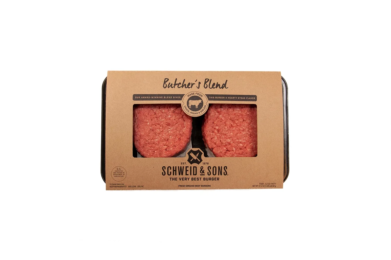 Schweid and Sons, Butcher's Blend, Beef Burgers, 80% Lean/20% Fat, 1.325 lb, Pack of 4