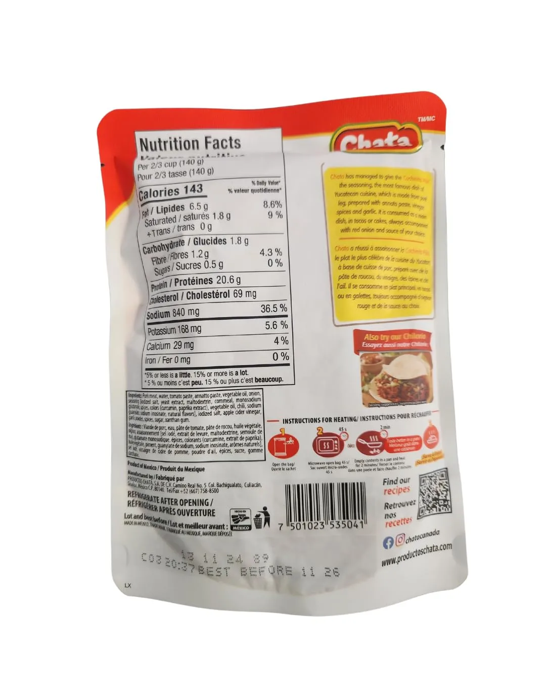 Chata Seasoned Shredded Meat 8.8oz Pouch (Pack of 1) (Select Flavor Below) (Cochinita Pibil).