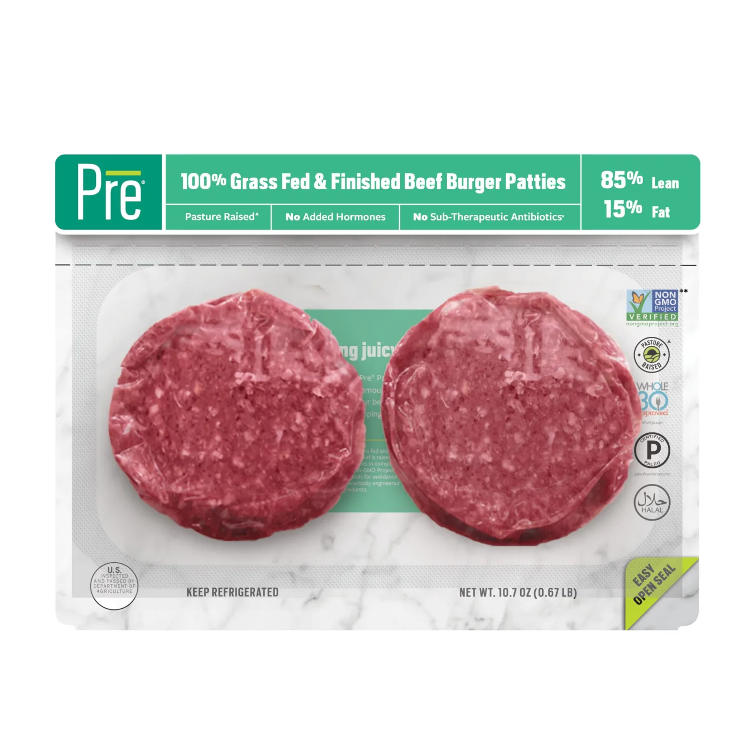 Beef Burger Patties 85% Lean/15% Fat, Grass-Fed, Pasture-Raised | 0.66625 lbs. | Pack of 2