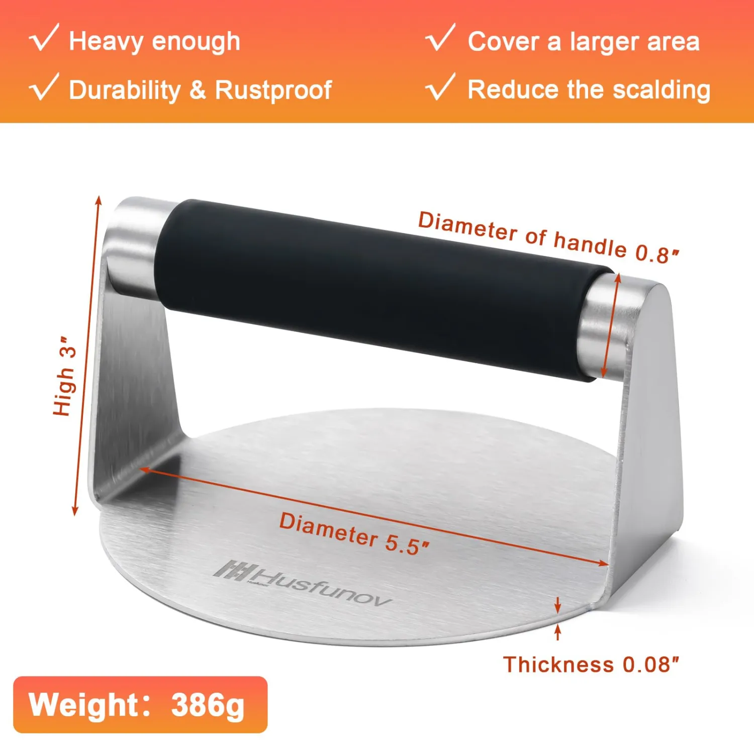 Stainless Steel Burger Press, 5.5 Inch Round Smasher,with Anti-Scald Handle,Non-Stick Smooth Hamburger Press,Flat Bottom, for Cooking Burgers, Bacon, Ground Beef, Meats, Sausage and So On