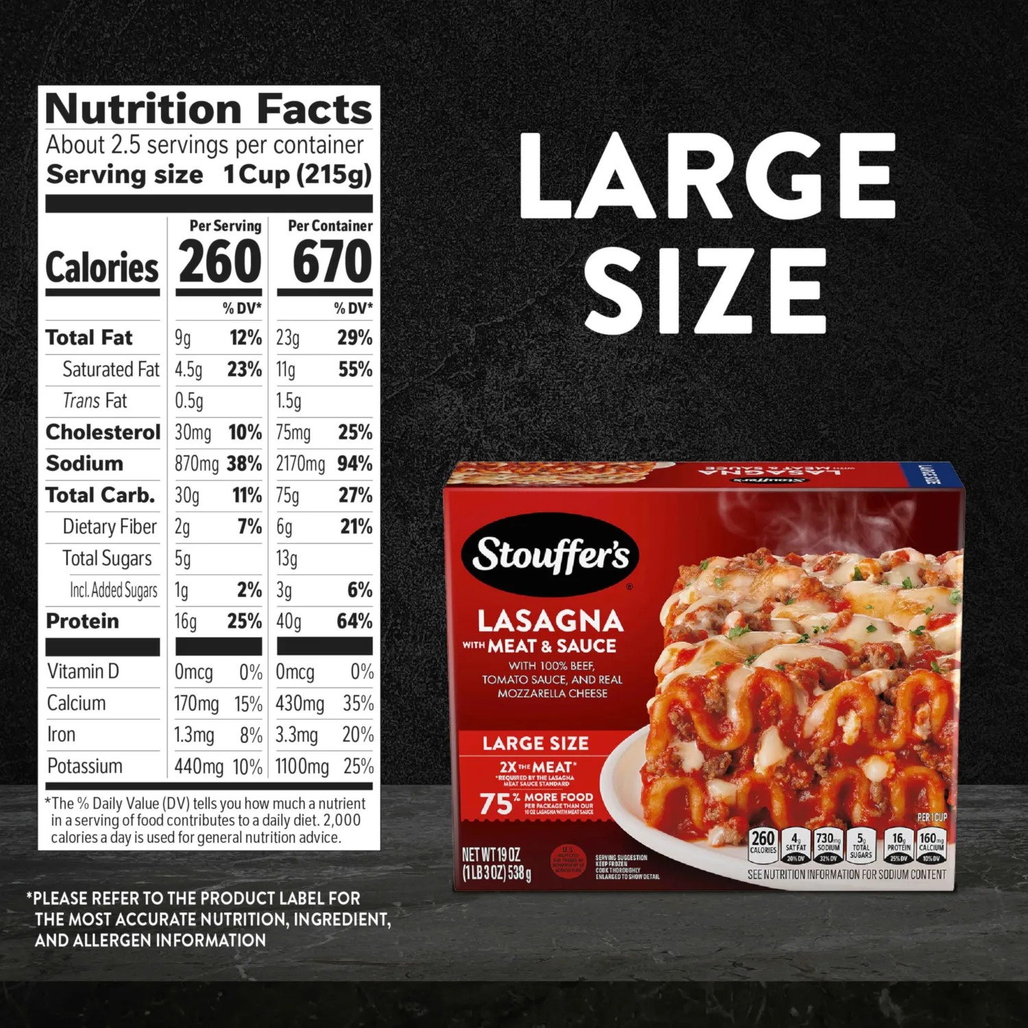 Stouffer's Lasagna with Meat & Sauce, Large Size Frozen Meal, Meals Entrees, 19 Oz