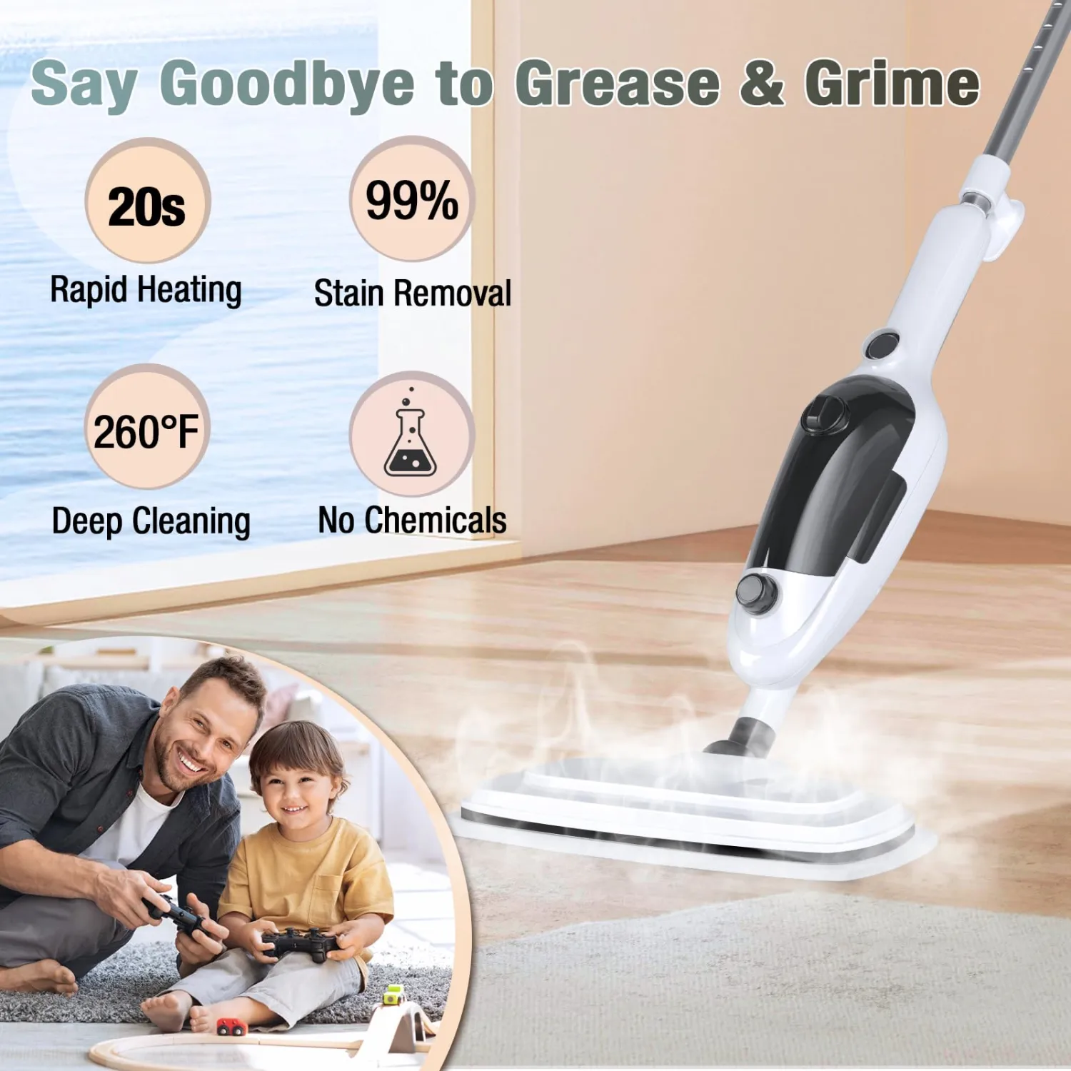 11-in-1 Steam Mop, Powerful Handheld Steam Cleaner for Home with 23FT Cord &15.2 OZ Water Tank, 3 Steam Modes MultiPurpose Steam Mop for Hardwood Floors, Clothes, Tile, Windows, Carpet