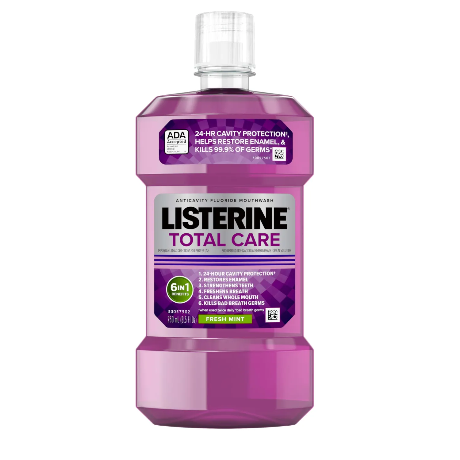 Listerine Total Care Anticavity Fluoride Mouthwash, 6 Benefits in 1 Oral Rinse Helps Kill 99.9% of Bad Breath Germs, Prevents Cavities, Strengthens Enamel, ADA-Accepted, Fresh Mint, 250 mL