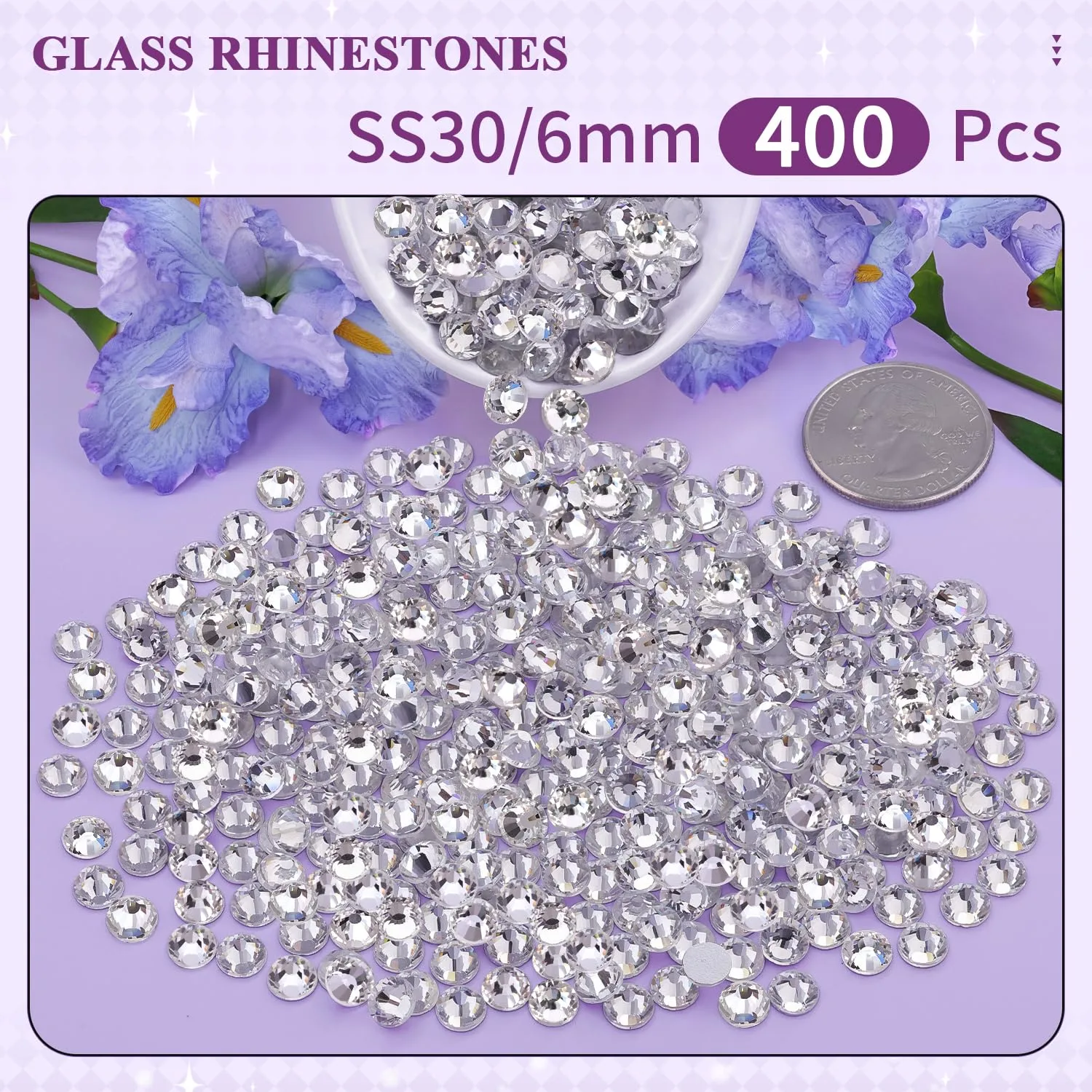400PCS SS30/6mm Glass Crystal Rhinestones (Clear), Bedazzling Flatback Rhinestones for Crafting DIY Crafts Nail Art Makeup Decoration, Gems Diamond Charms for Tumbler Shoes Clothing Mug