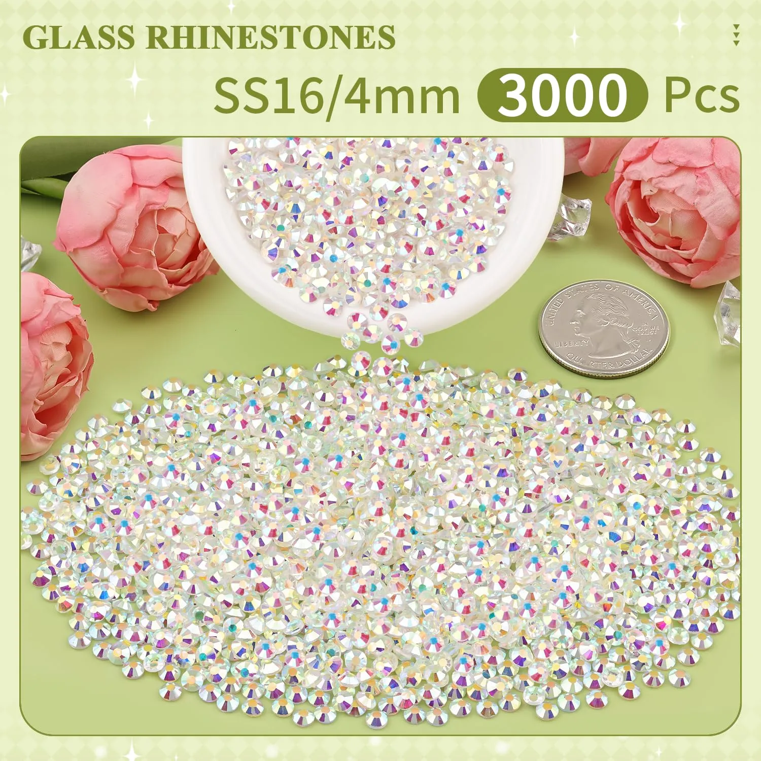 3000PCS SS16/4mm Crystal Rhinestones (Transparent AB), Bedazzling Flatback Glass Rhinestones for Crafting DIY Nail Art Makeup Decoration, Gems Diomand Charms for Tumbler Shoes Clothing Mug